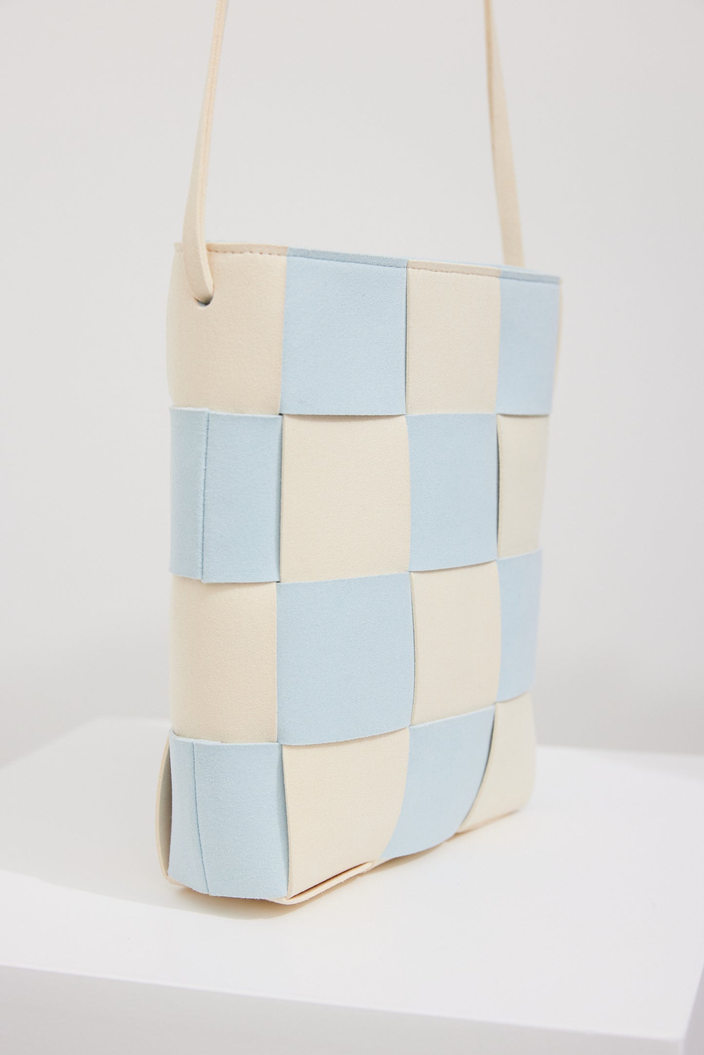 Checkered Weave Leather Bag, Pastel Blue