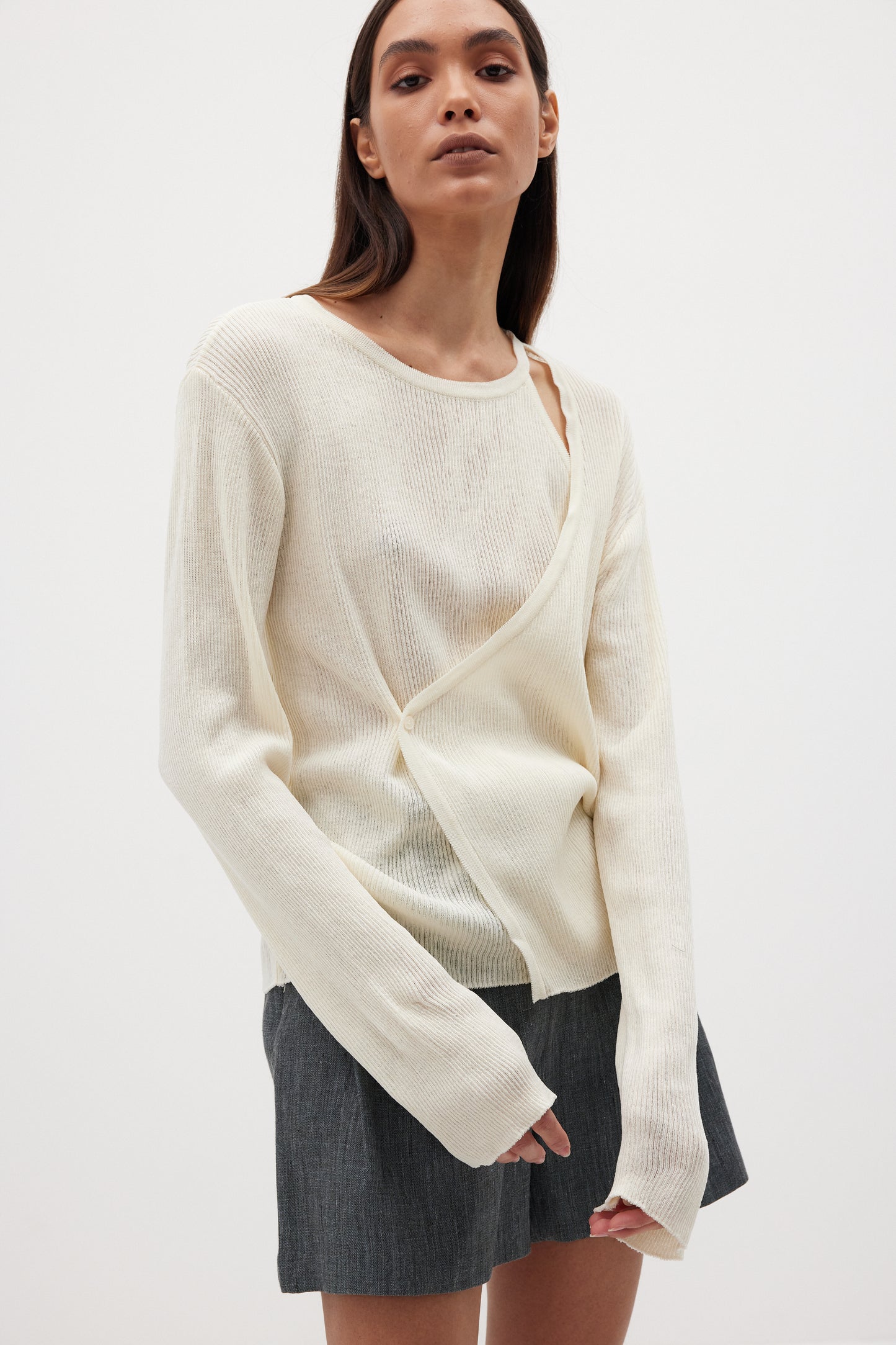 Inner Layered Wrap Cardigan, Eggnog