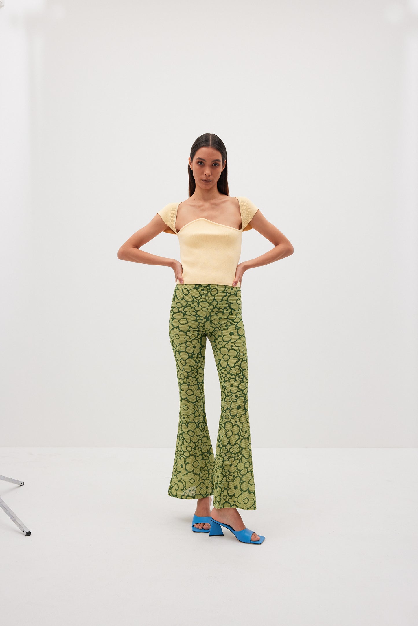 Drawing Print Flared Pants, Pea Green