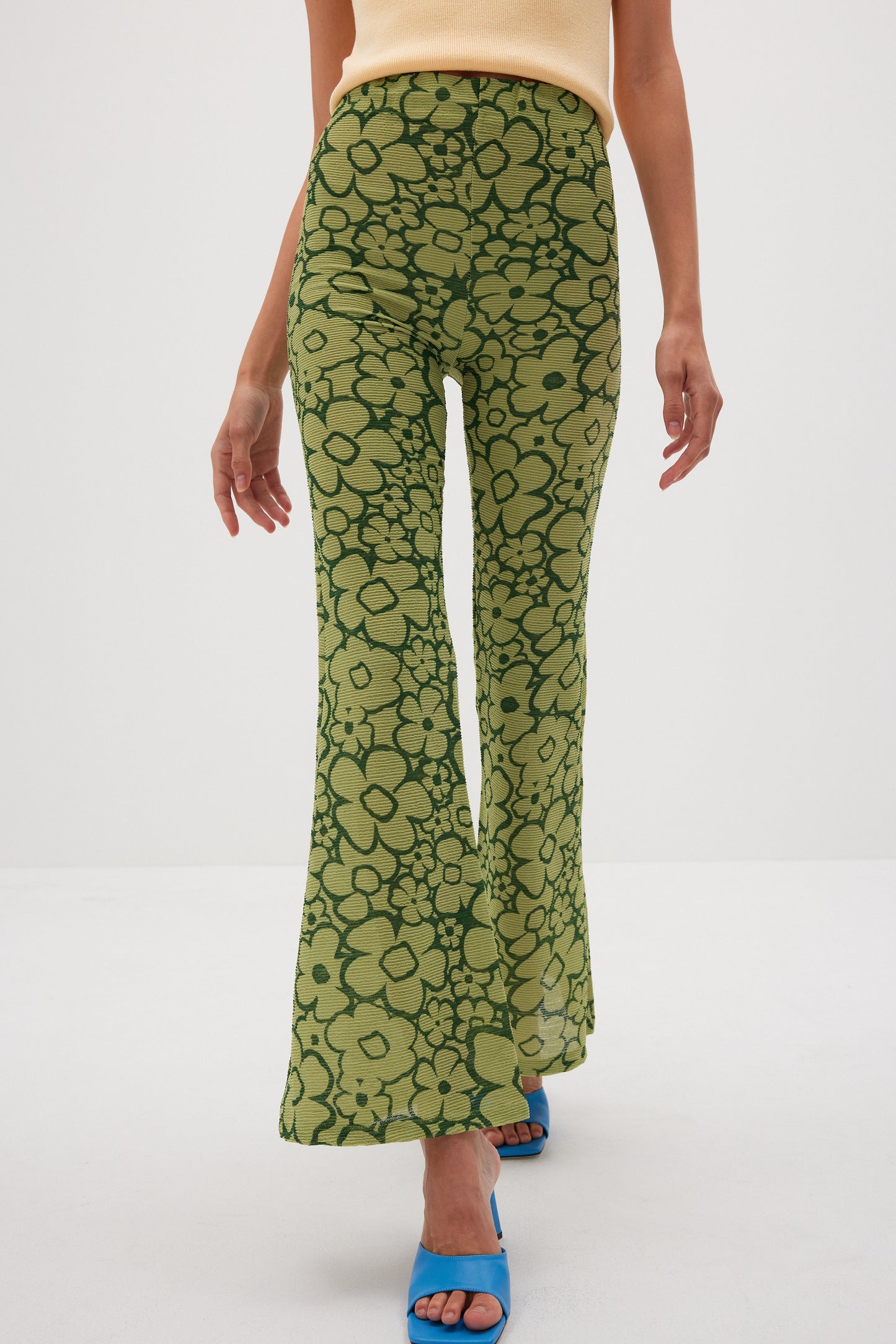 Drawing Print Flared Pants, Pea Green