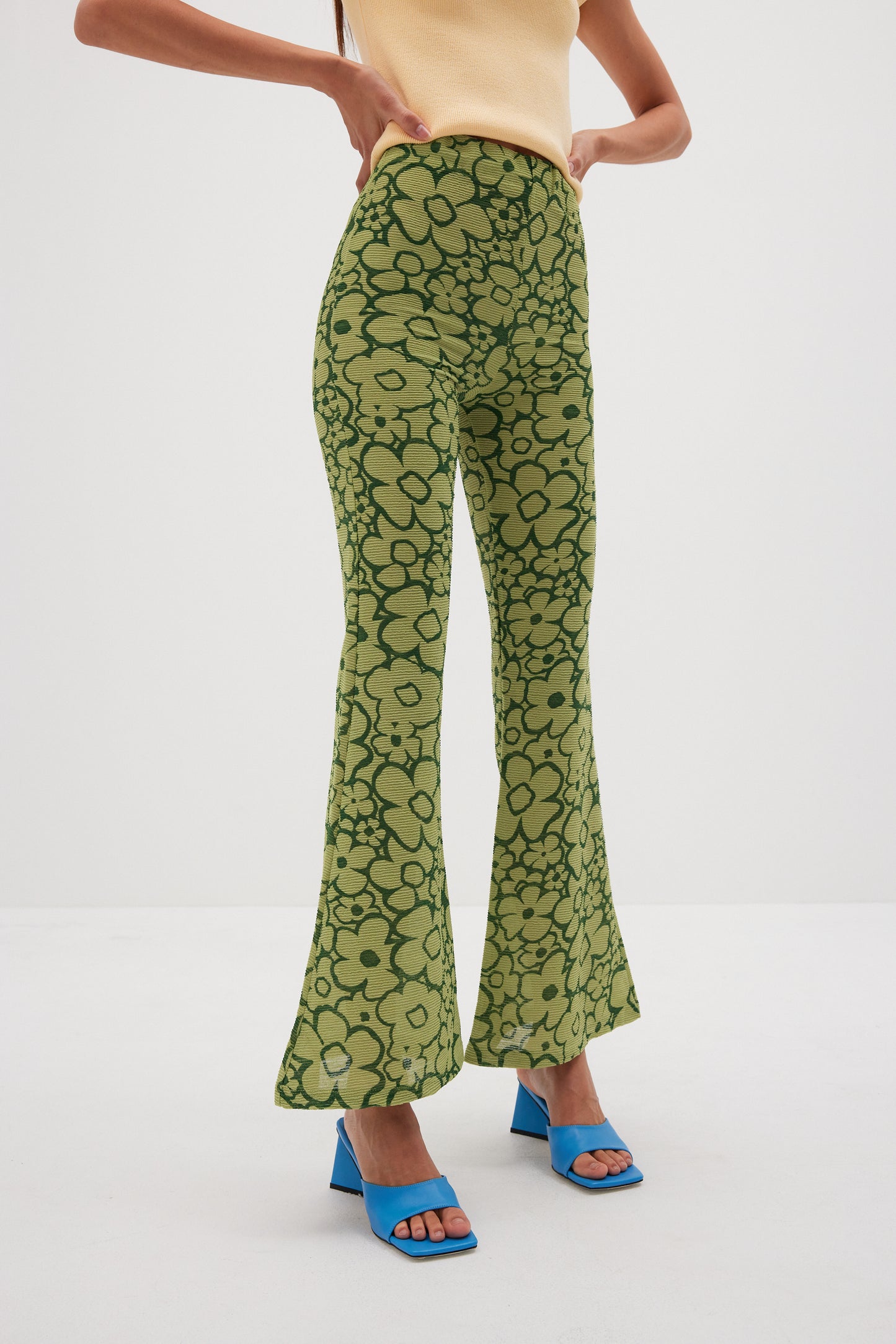 Drawing Print Flared Pants, Pea Green