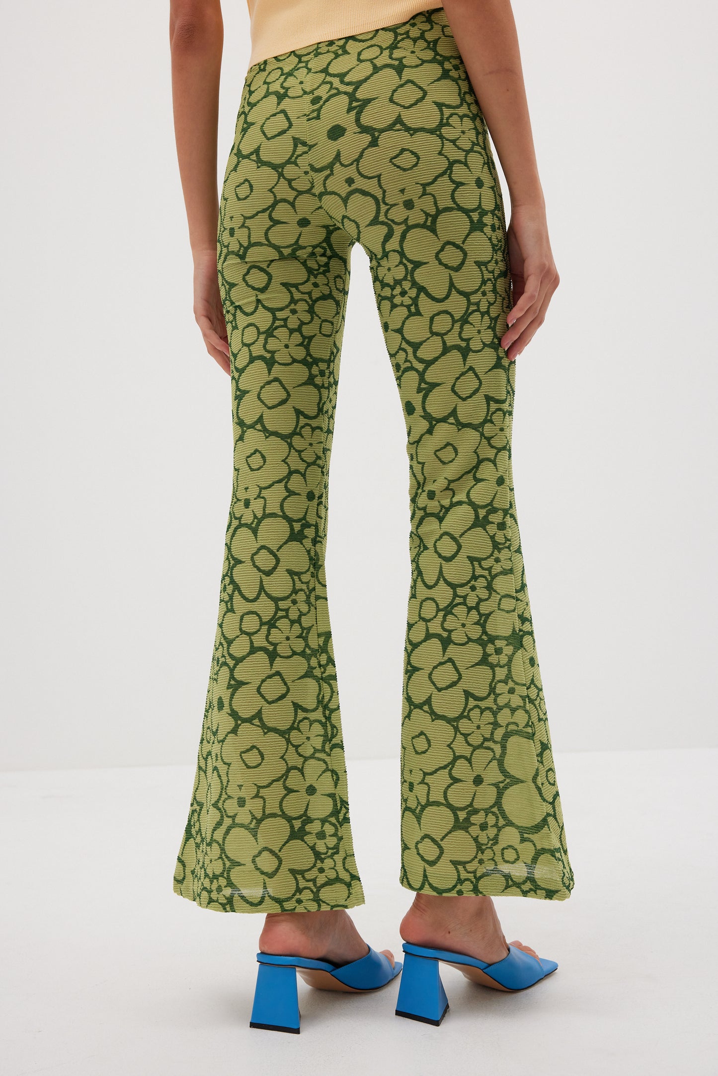Drawing Print Flared Pants, Pea Green