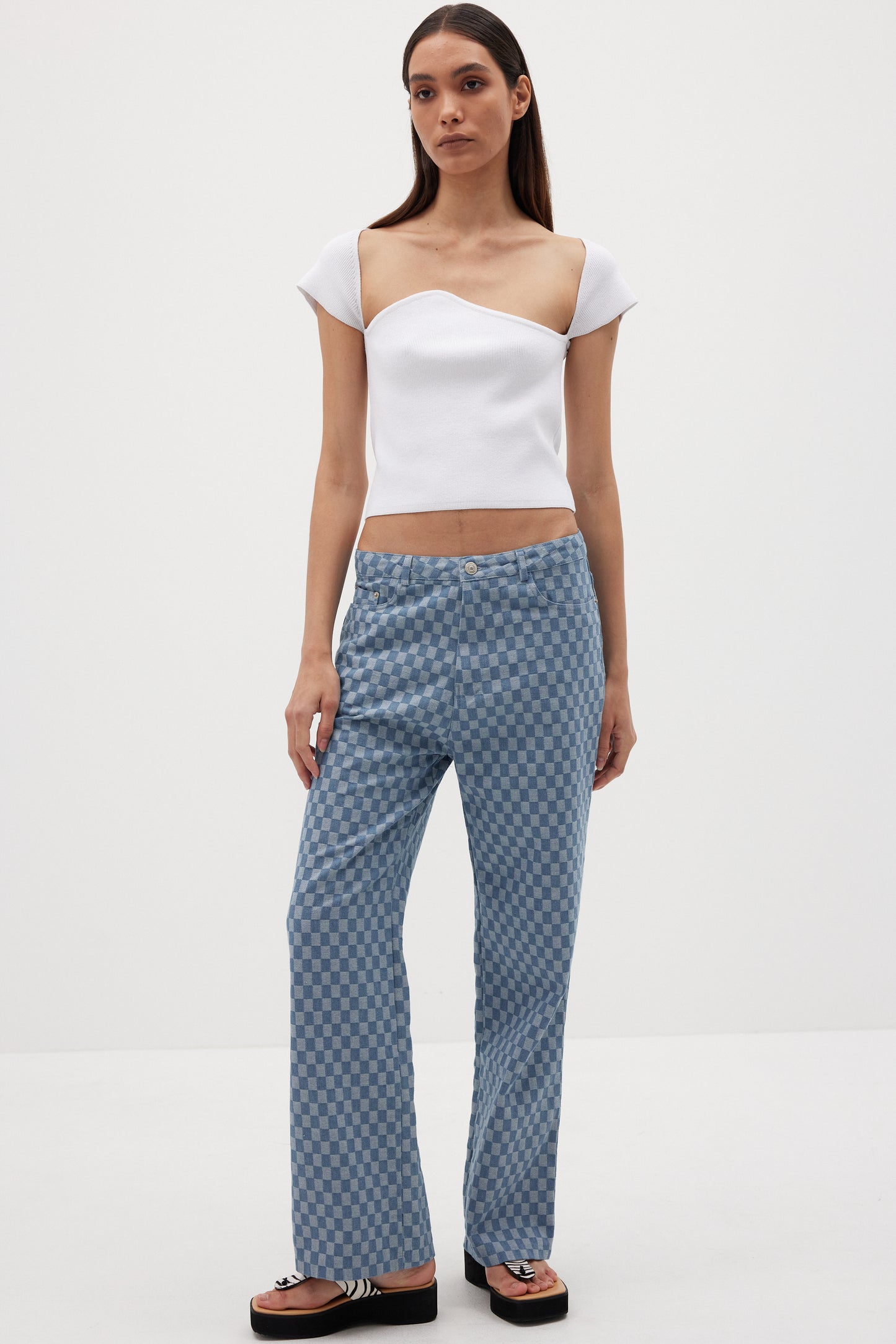 Slouchy Checkerboard Jeans, Light Blue