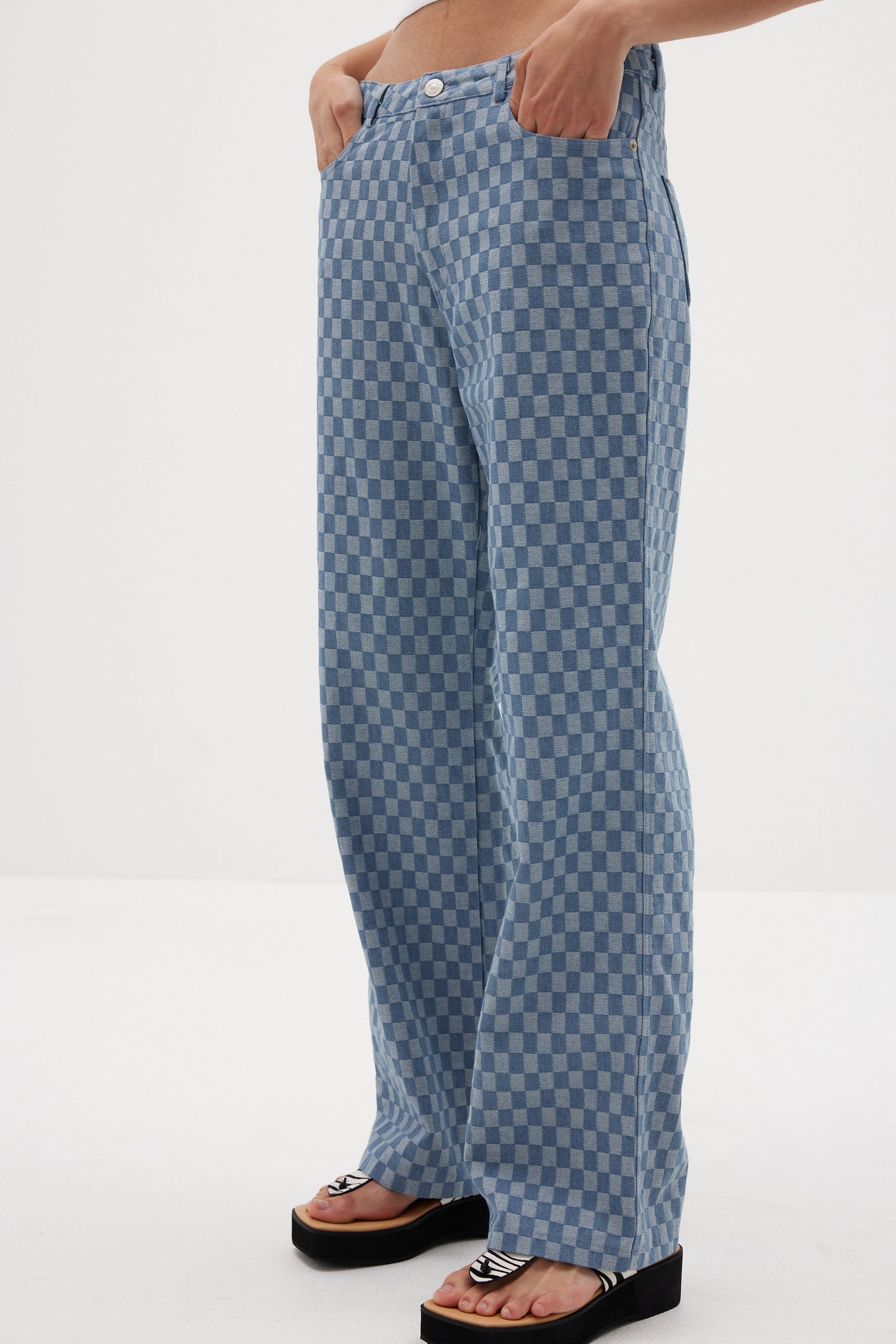 Slouchy Checkerboard Jeans, Light Blue