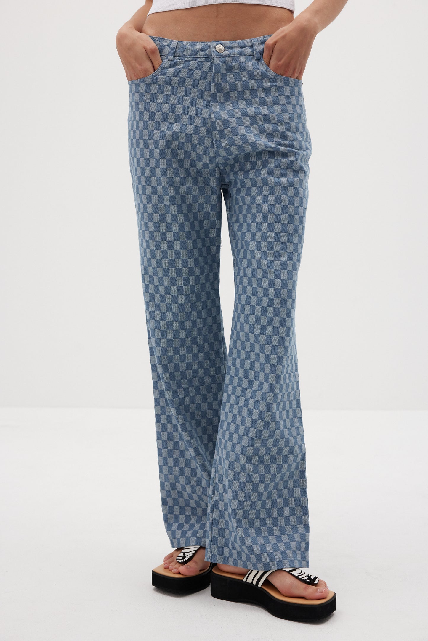Slouchy Checkerboard Jeans, Light Blue