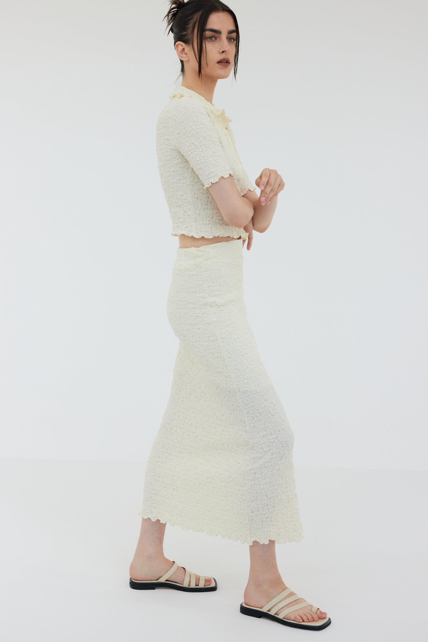Wrinkle Look Crop Shirt & Midi Skirt Set, Cream
