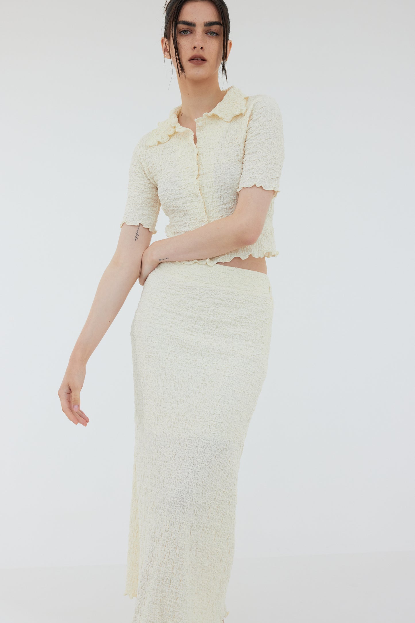 Wrinkle Look Crop Shirt & Midi Skirt Set, Cream