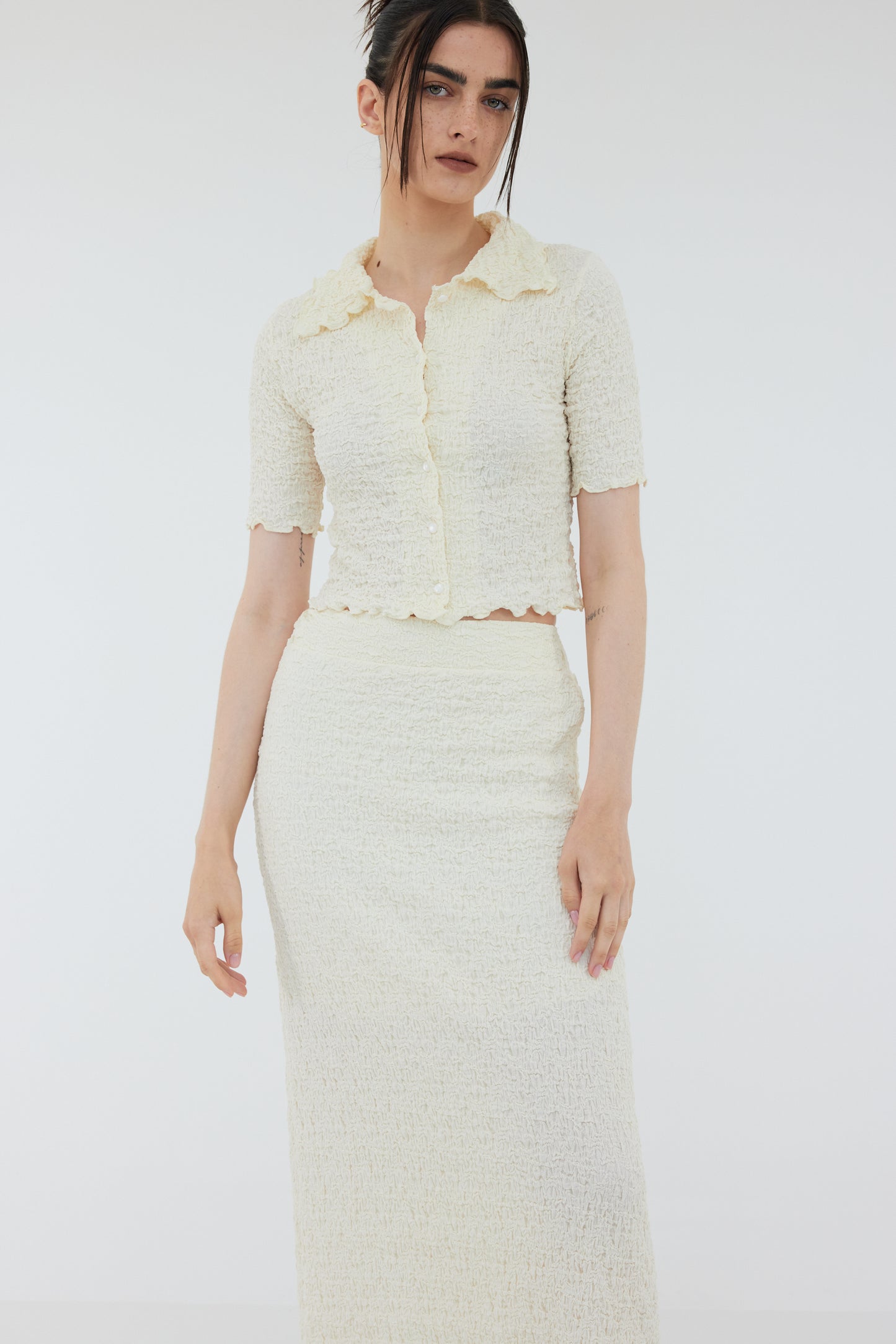 Wrinkle Look Crop Shirt & Midi Skirt Set, Cream