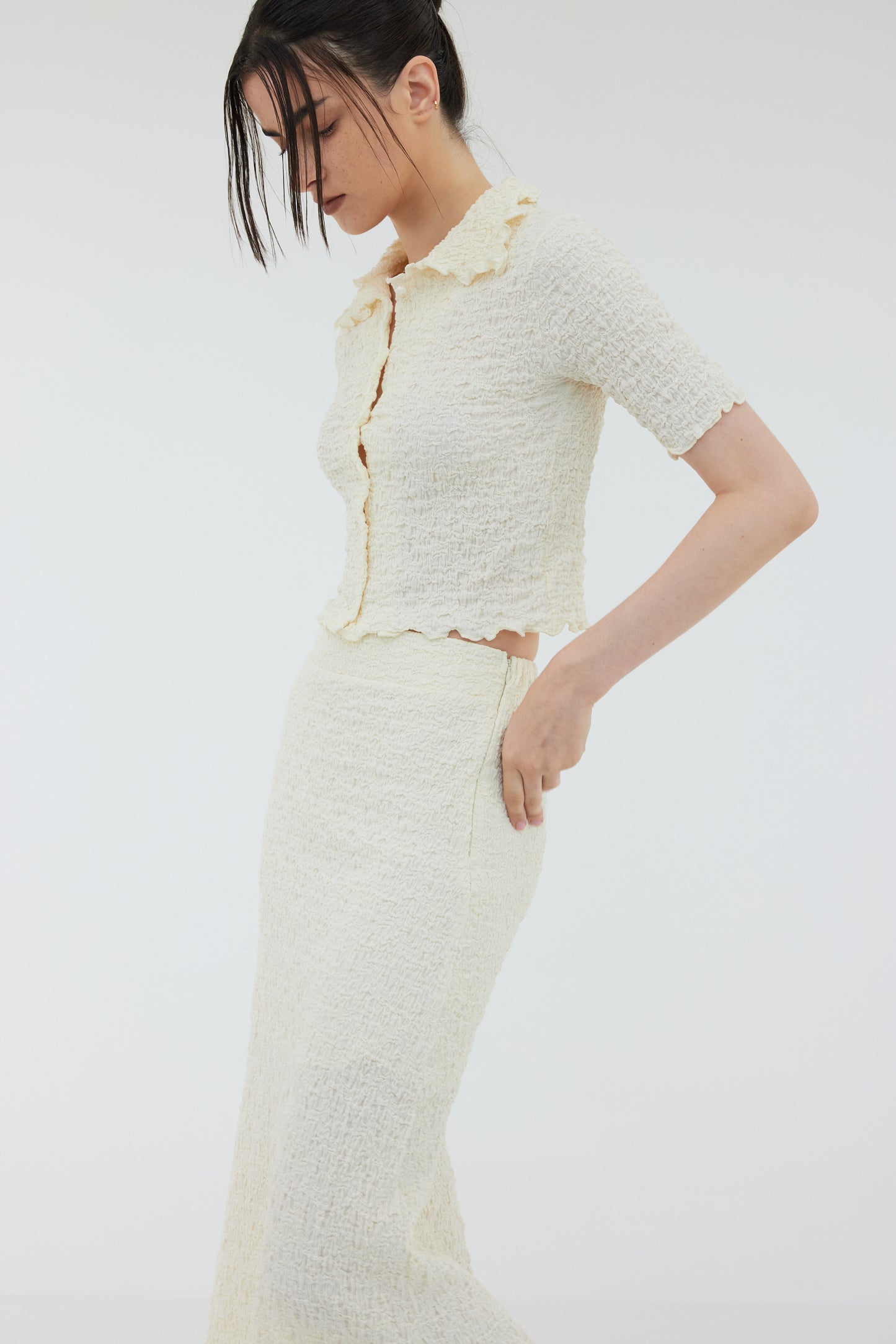Wrinkle Look Crop Shirt & Midi Skirt Set, Cream