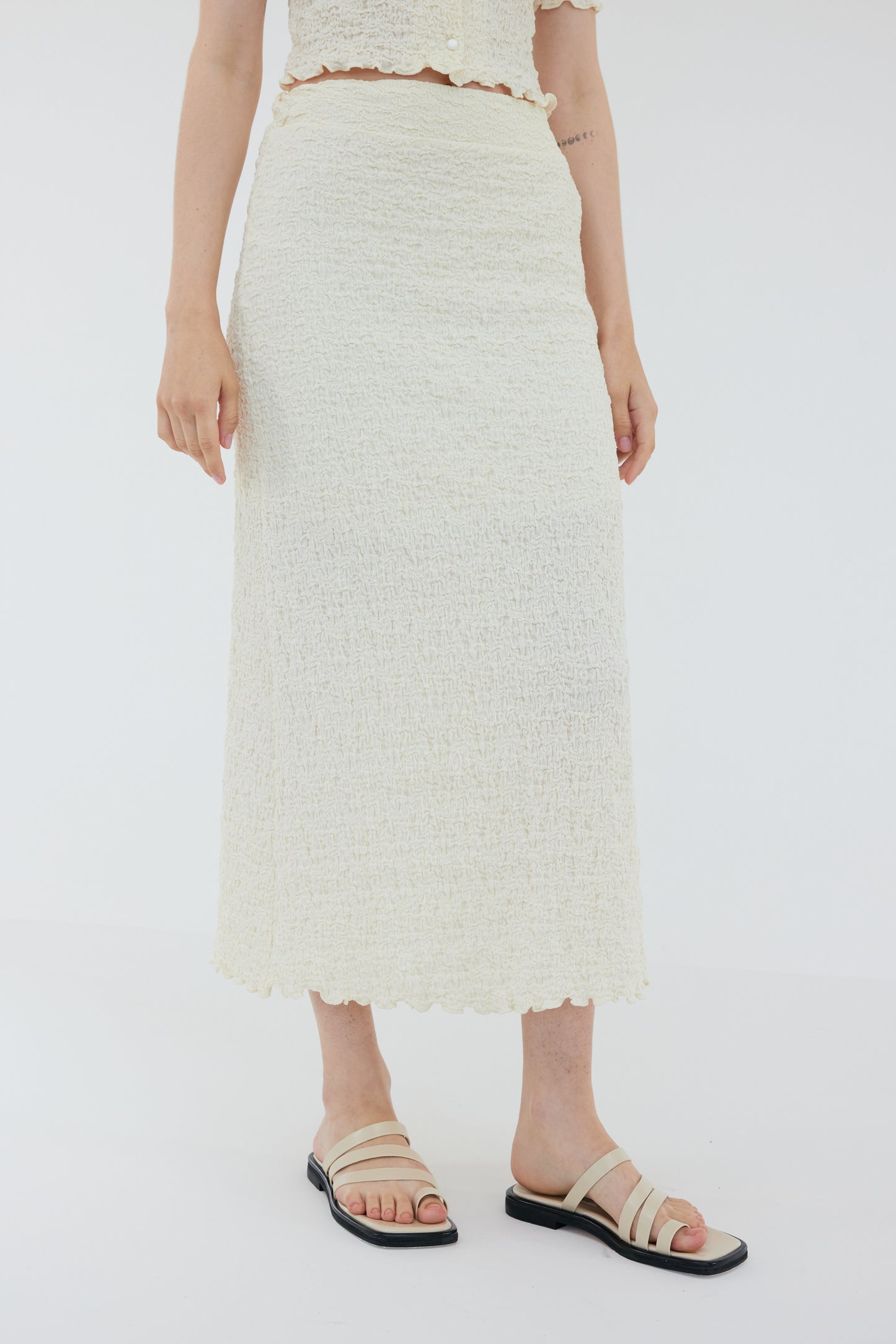 Wrinkle Look Crop Shirt & Midi Skirt Set, Cream