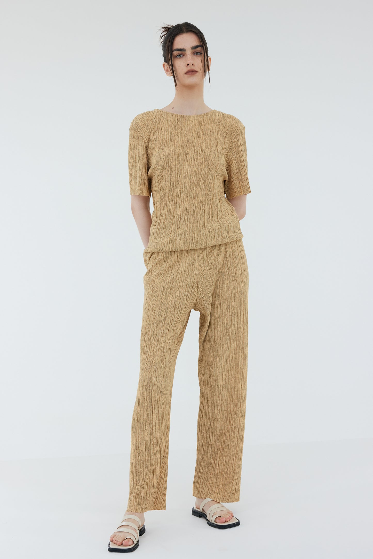 Open Back Plissé Top, Biscotti Melange