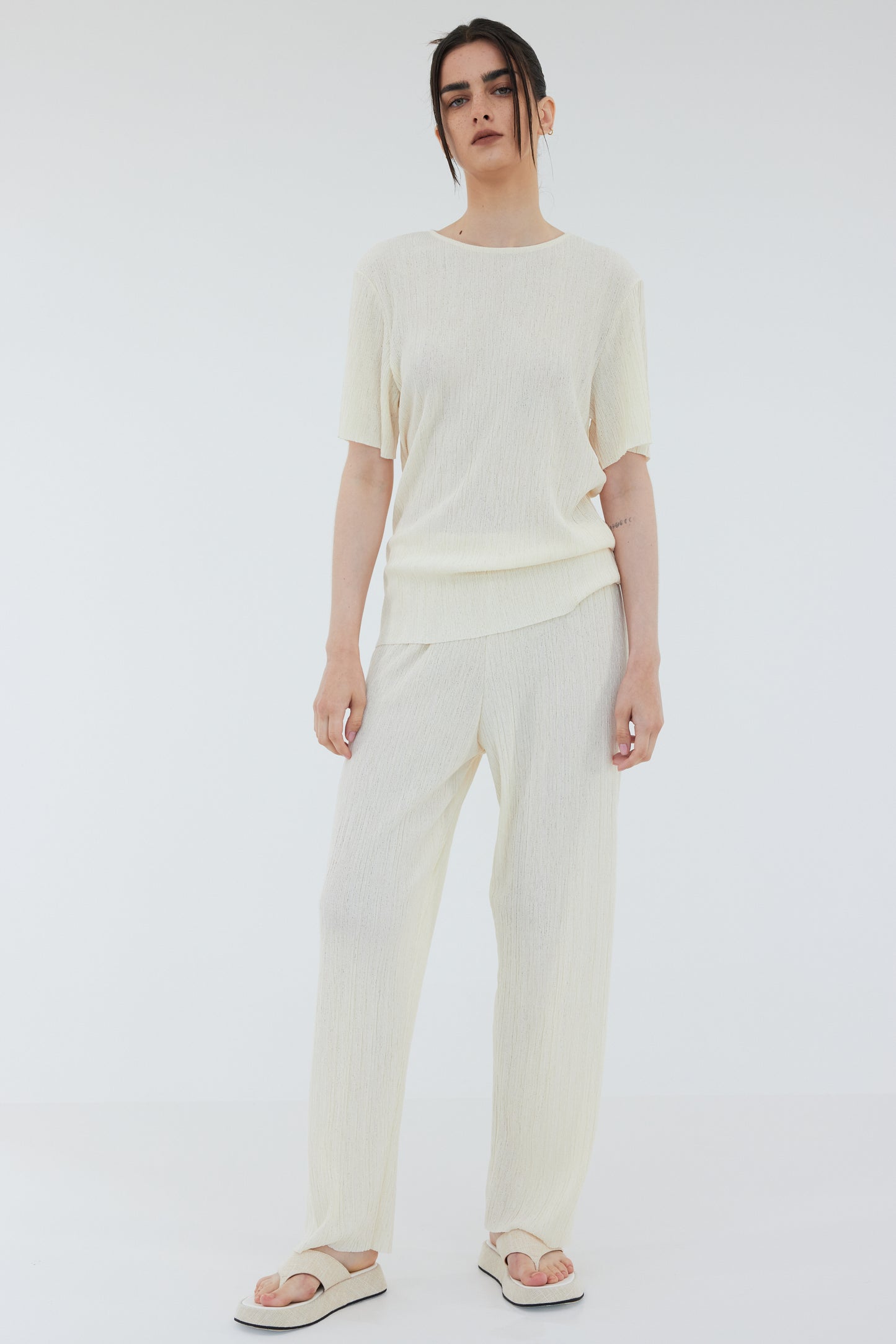 Relaxed Plissé Pants, White Melange