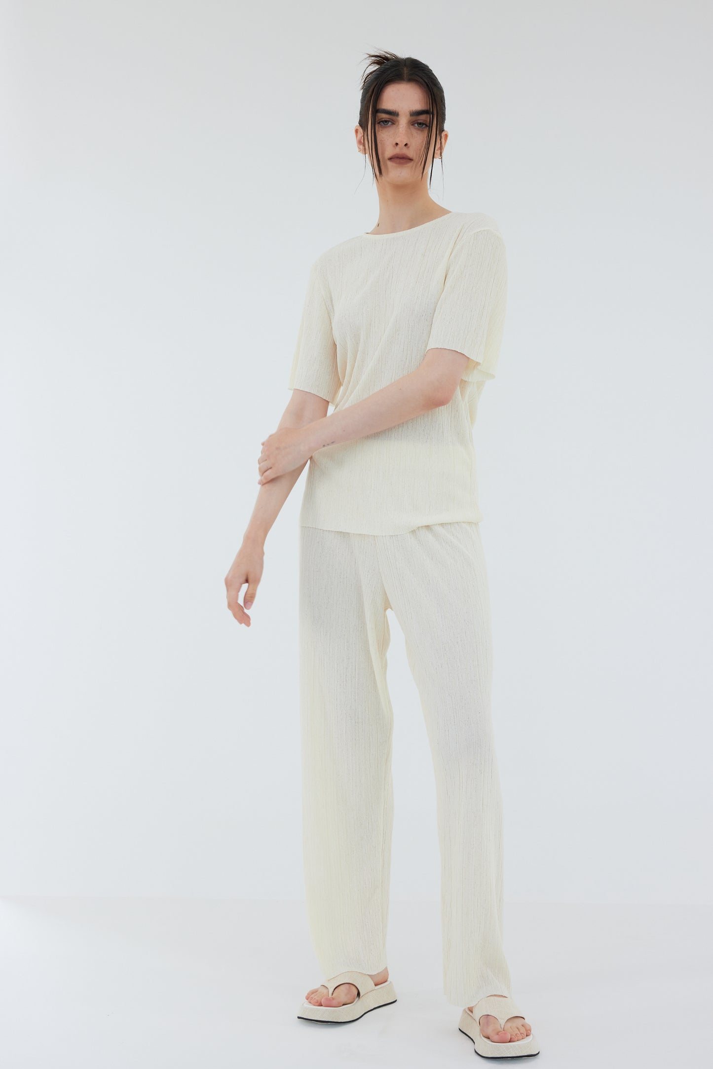 Relaxed Plissé Pants, White Melange