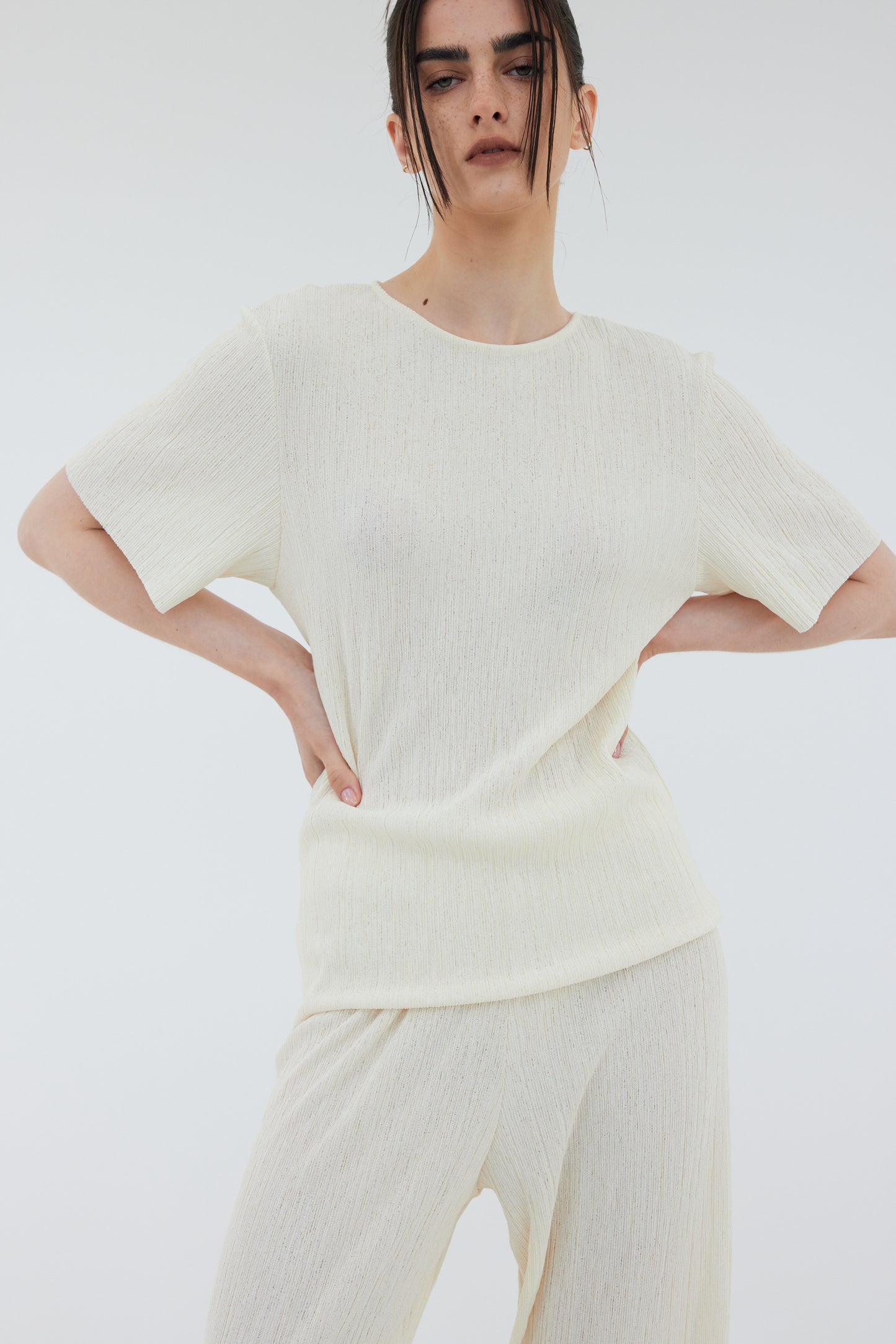 Open Back Plissé Top, White Melange