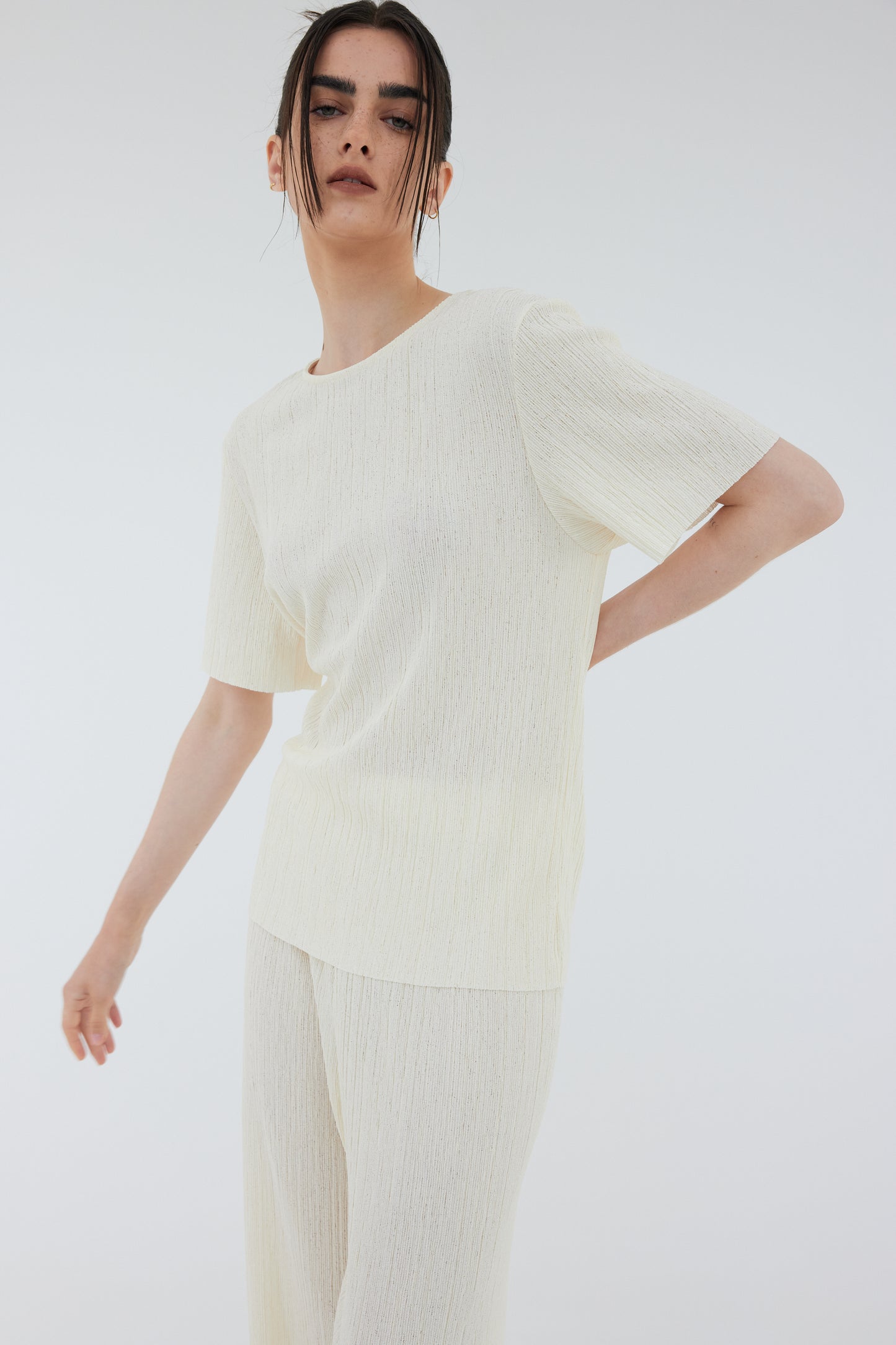 Open Back Plissé Top, White Melange