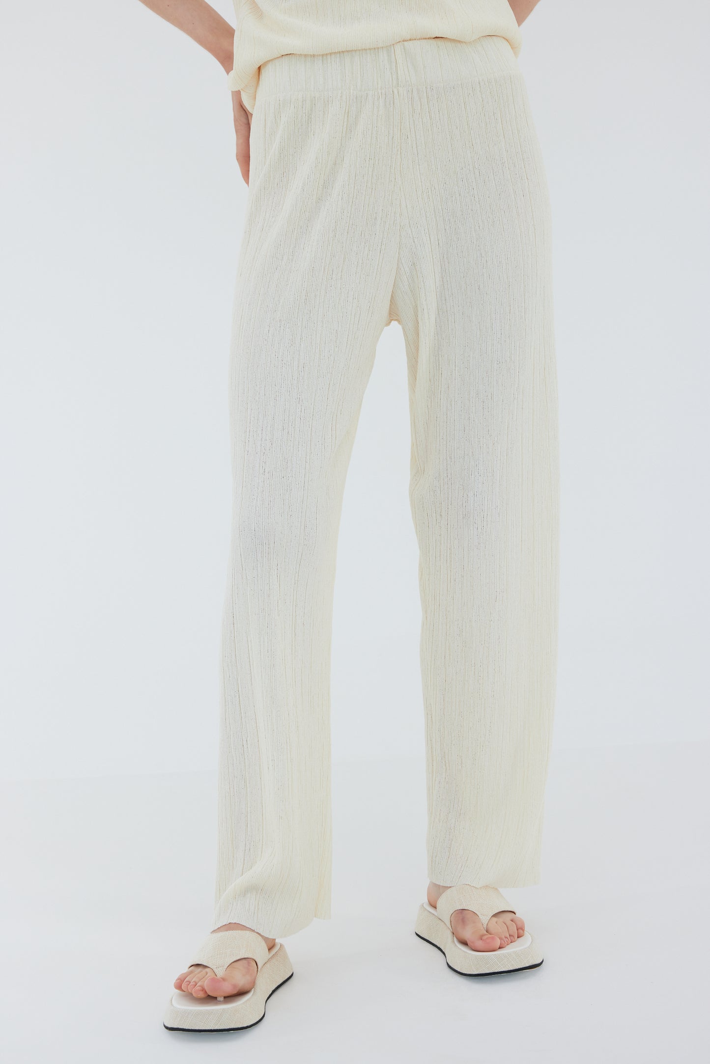 Relaxed Plissé Pants, White Melange