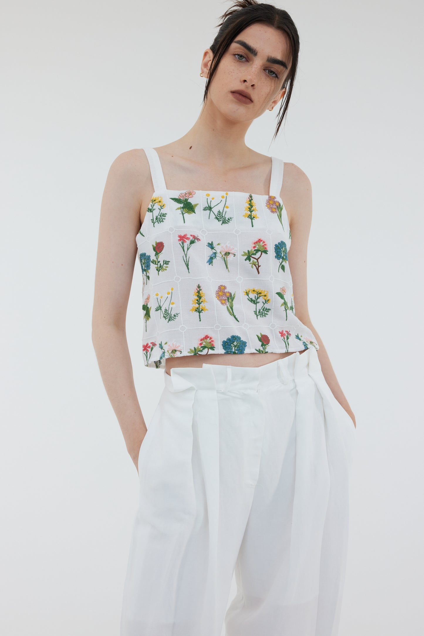 Openwork Embroidered Floral Top, White