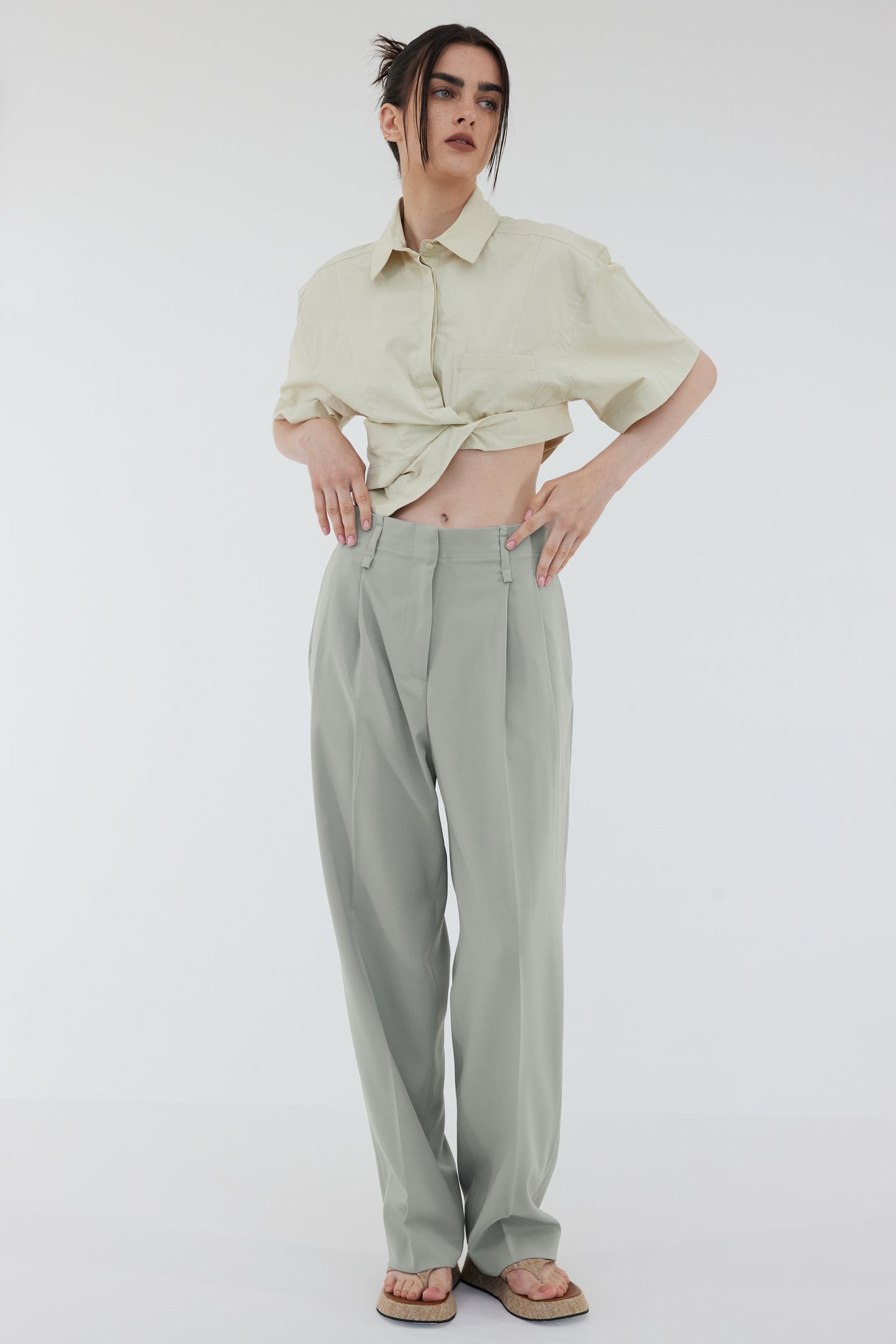 Asymmetric Cropped Cotton Shirt, Oyster
