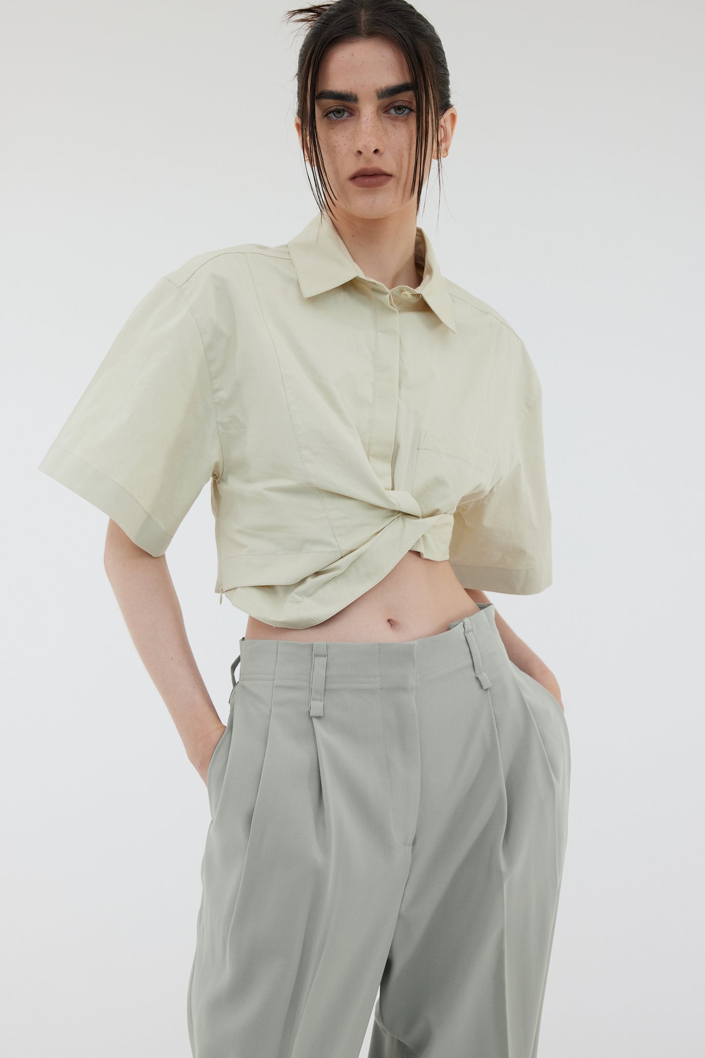 Asymmetric Cropped Cotton Shirt, Oyster