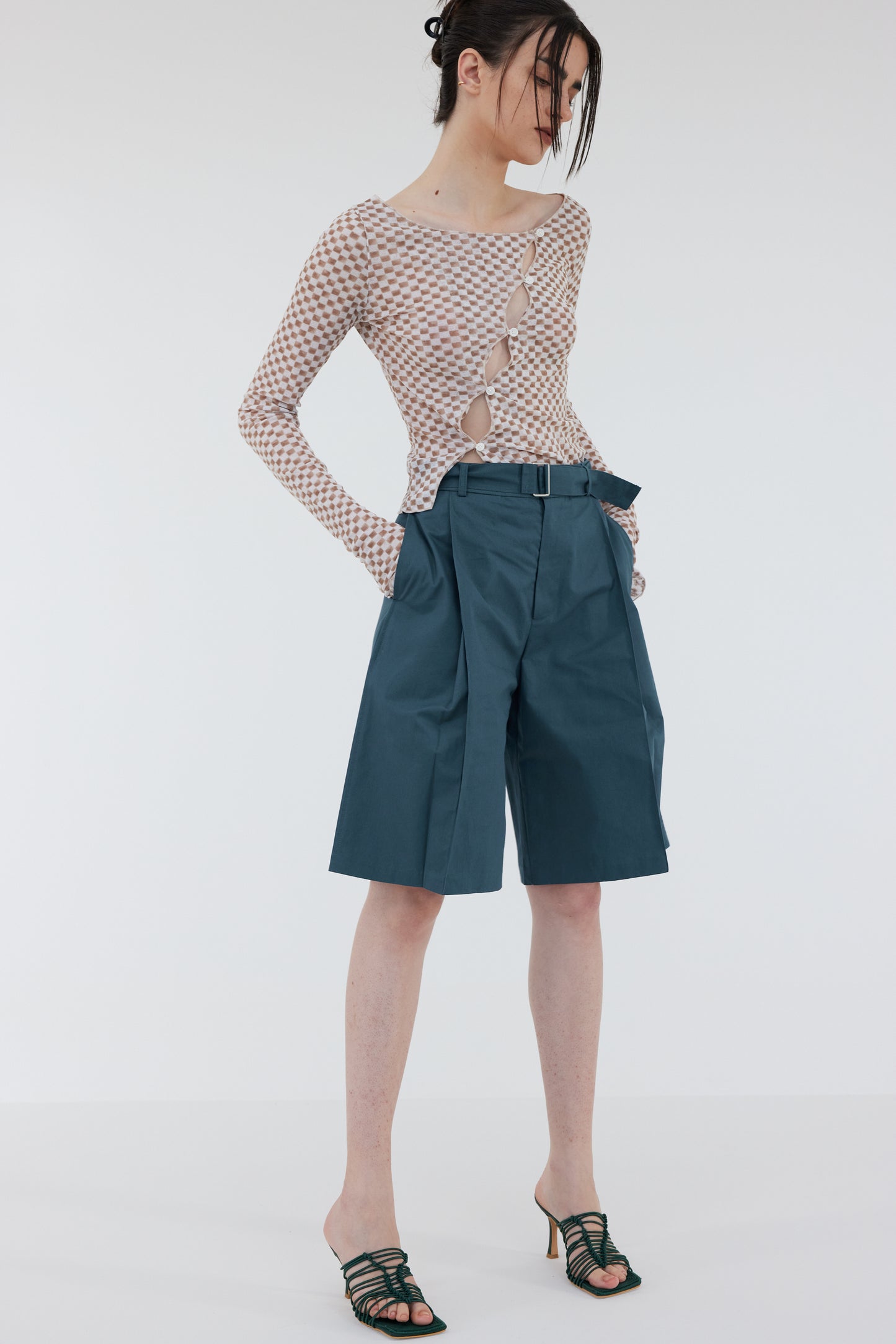 Belted Cotton Suit Shorts, Pine Green