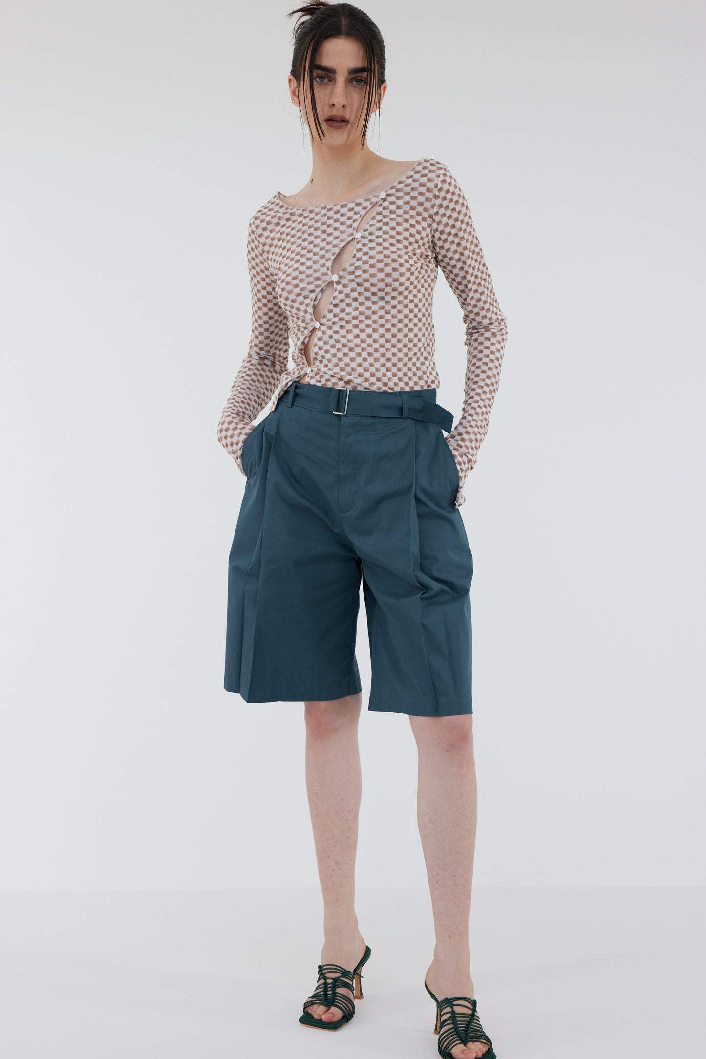 Belted Cotton Suit Shorts, Pine Green