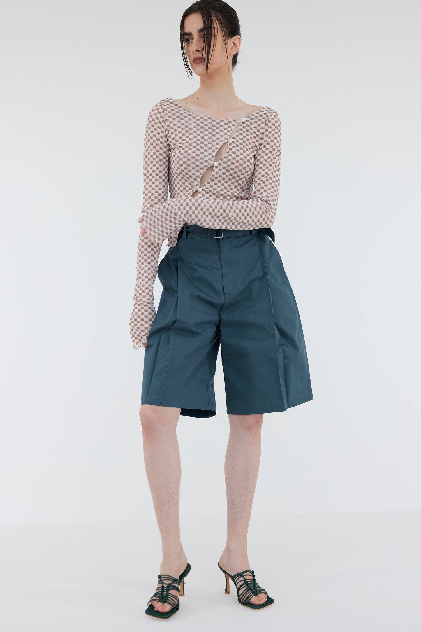 Belted Cotton Suit Shorts, Pine Green