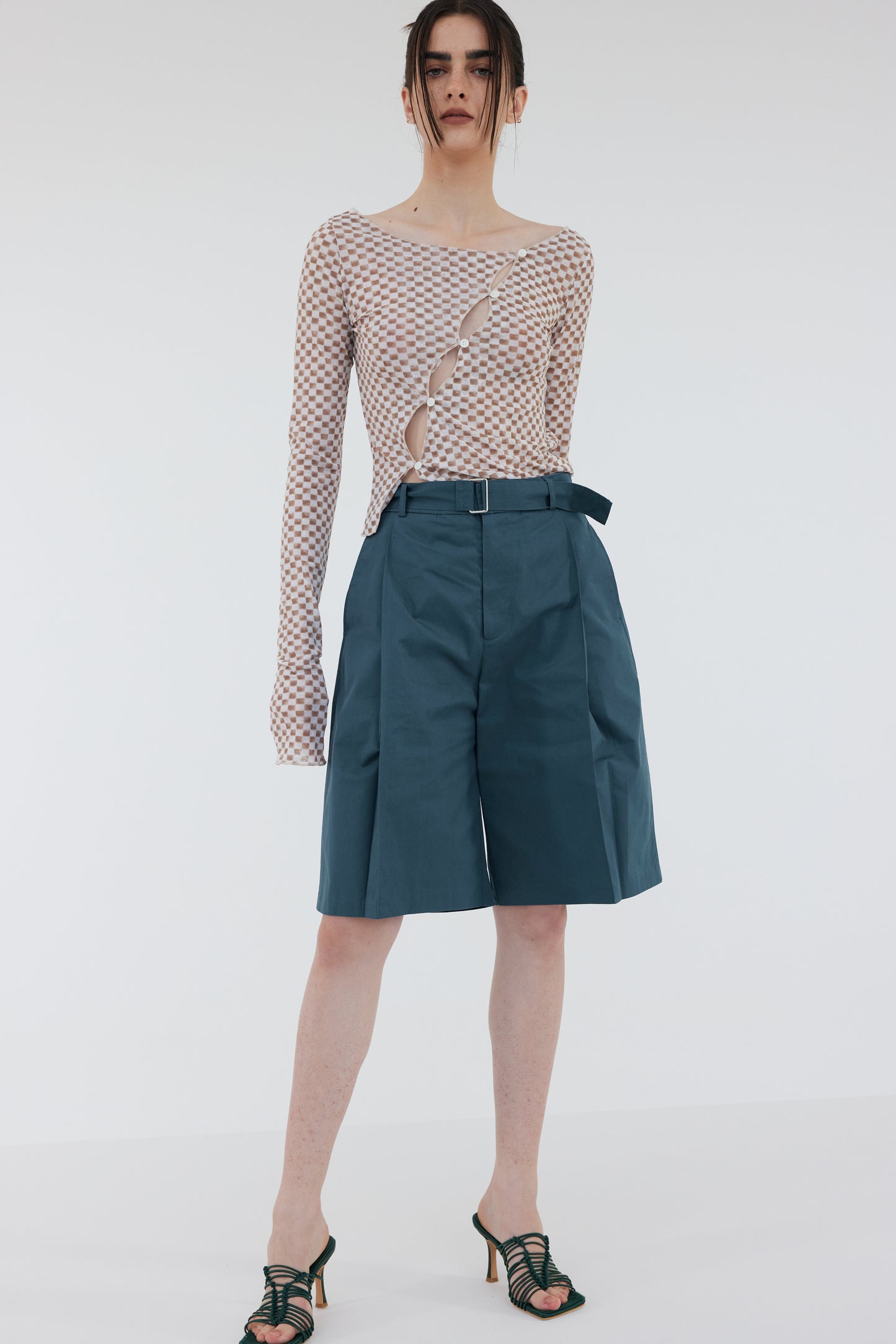 Belted Cotton Suit Shorts, Pine Green