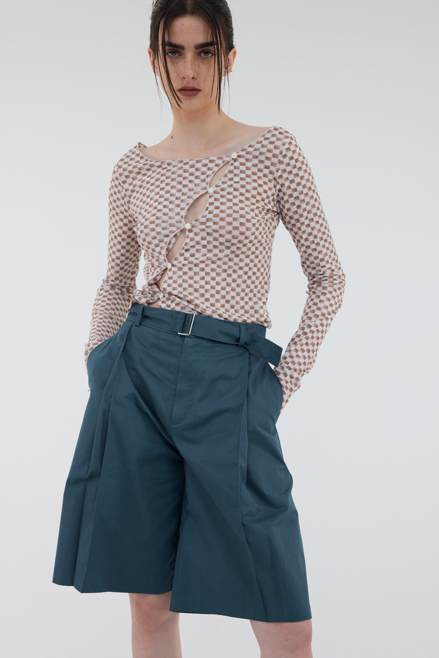 Belted Cotton Suit Shorts, Pine Green