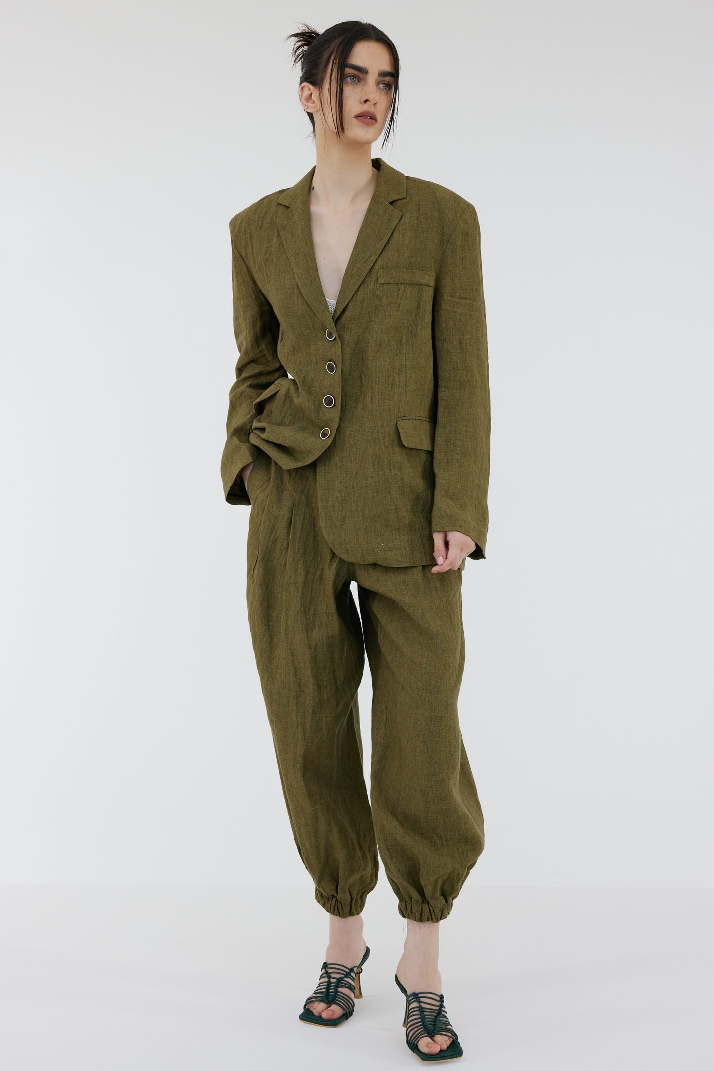Oversized Linen Blazer, Khaki