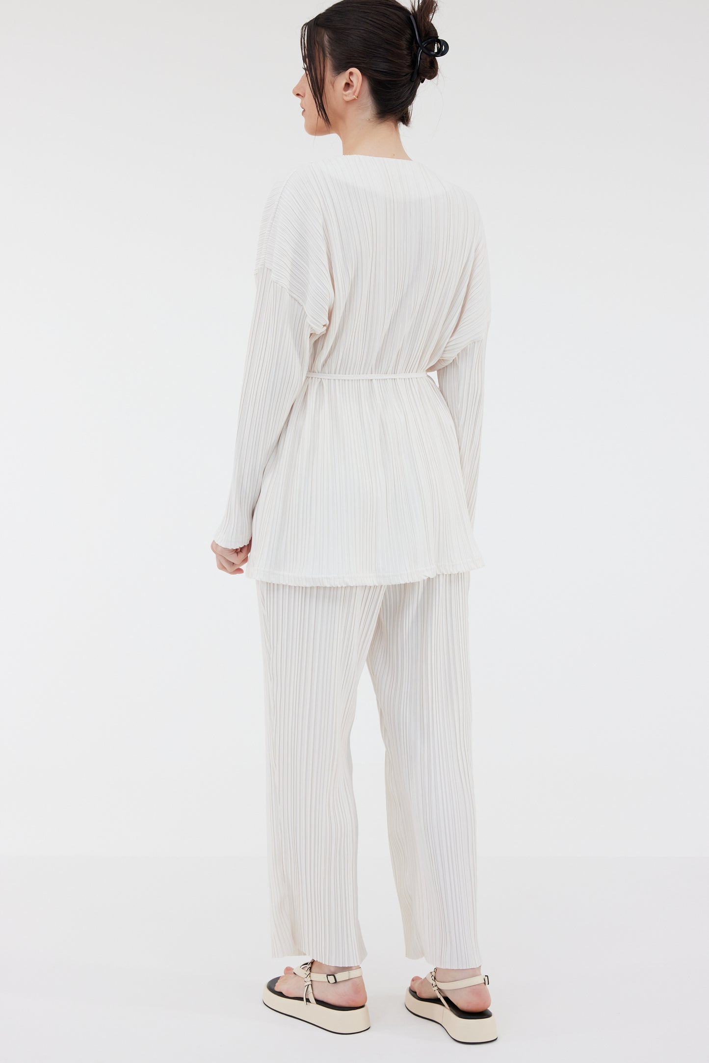 Straight Plissé Pants, Cream