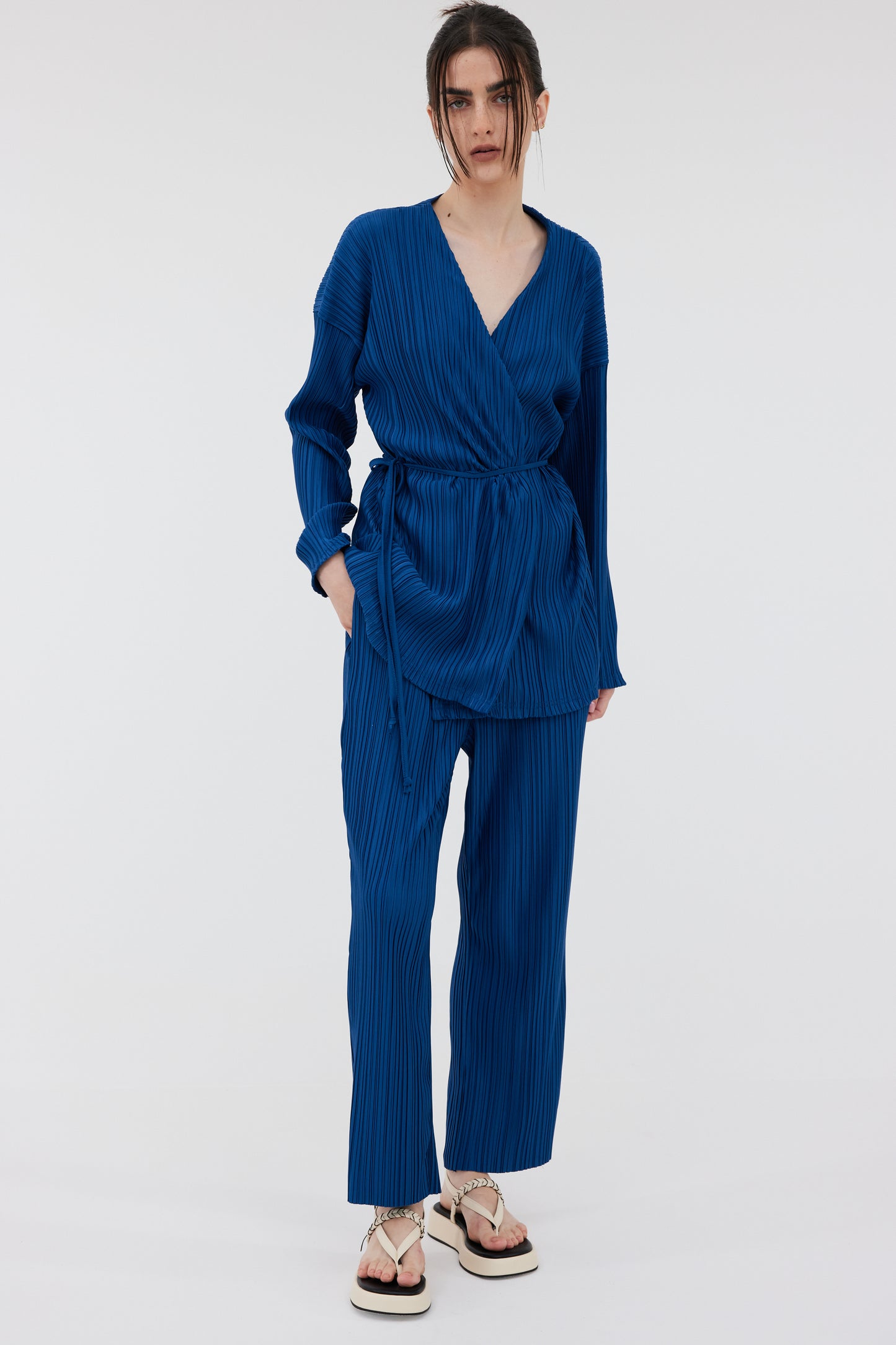 Wrap Plissé Cardigan, Lapis Blue