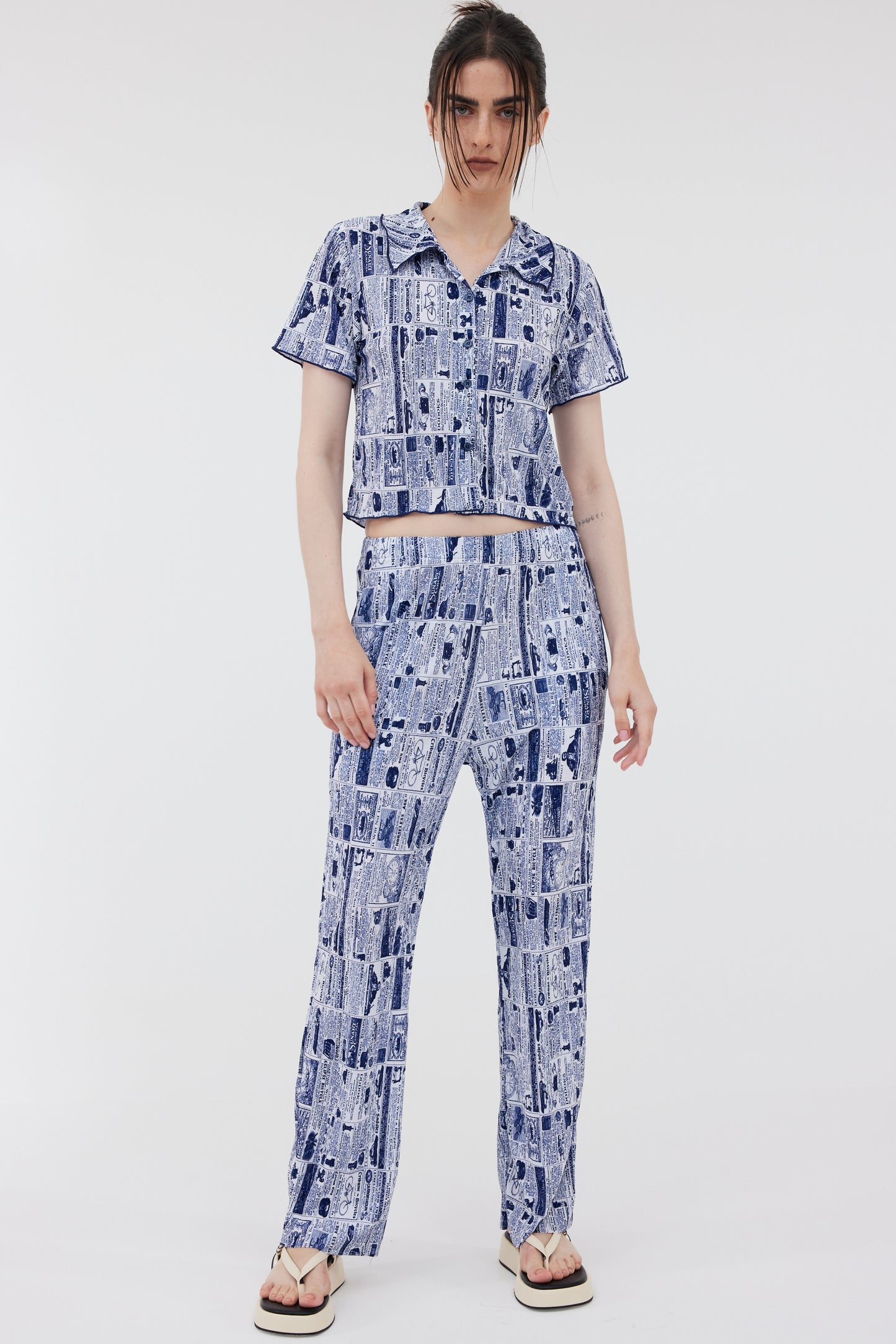 Retro Print Shirred Polo Shirt, Cobalt