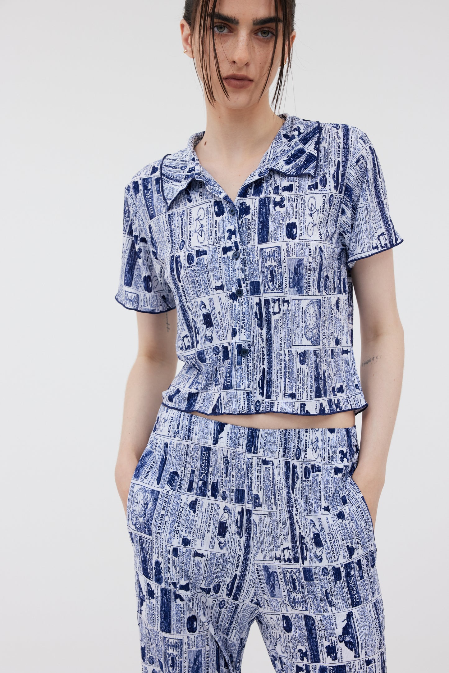 Retro Print Shirred Polo Shirt, Cobalt