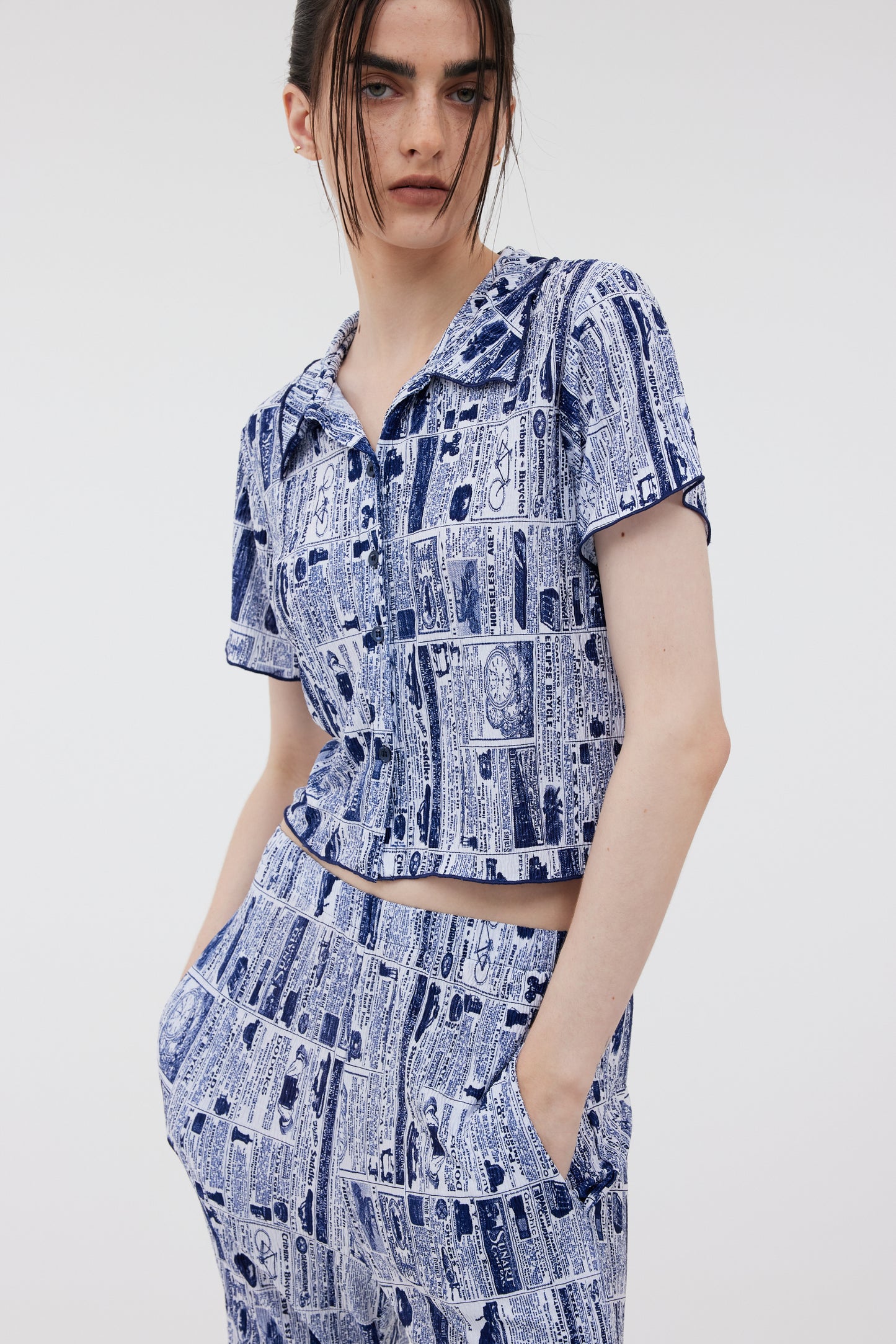 Retro Print Shirred Polo Shirt, Cobalt