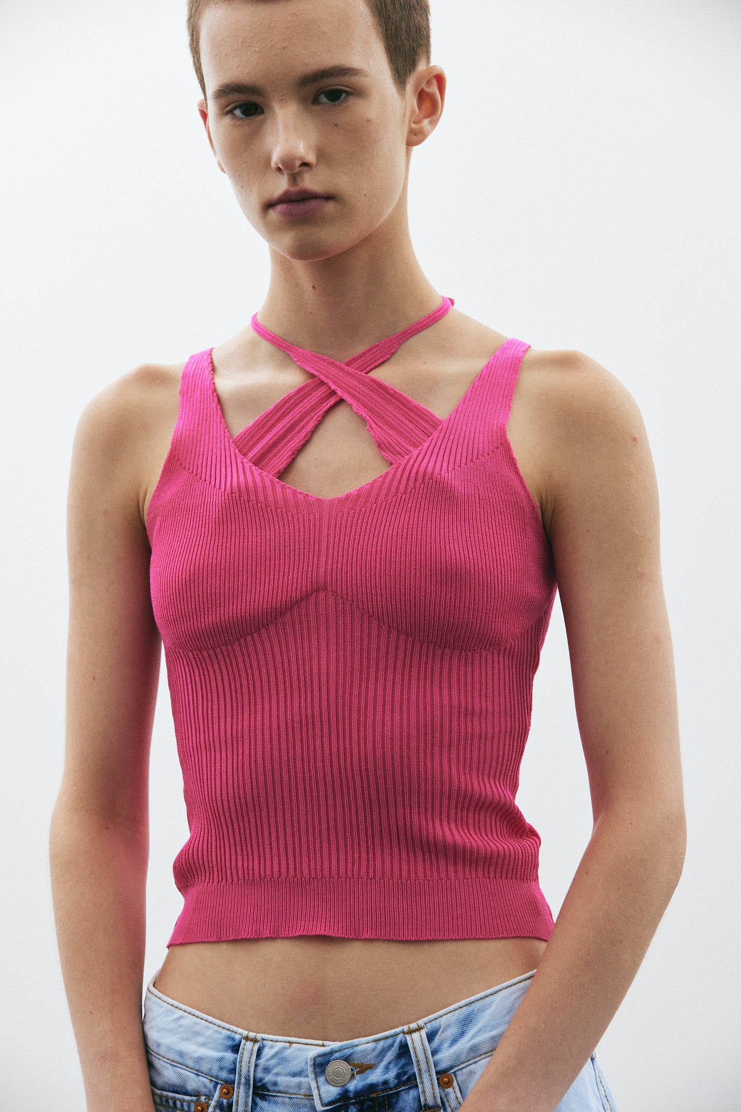 Duo Layered Tie Back Tank, Fuchsia