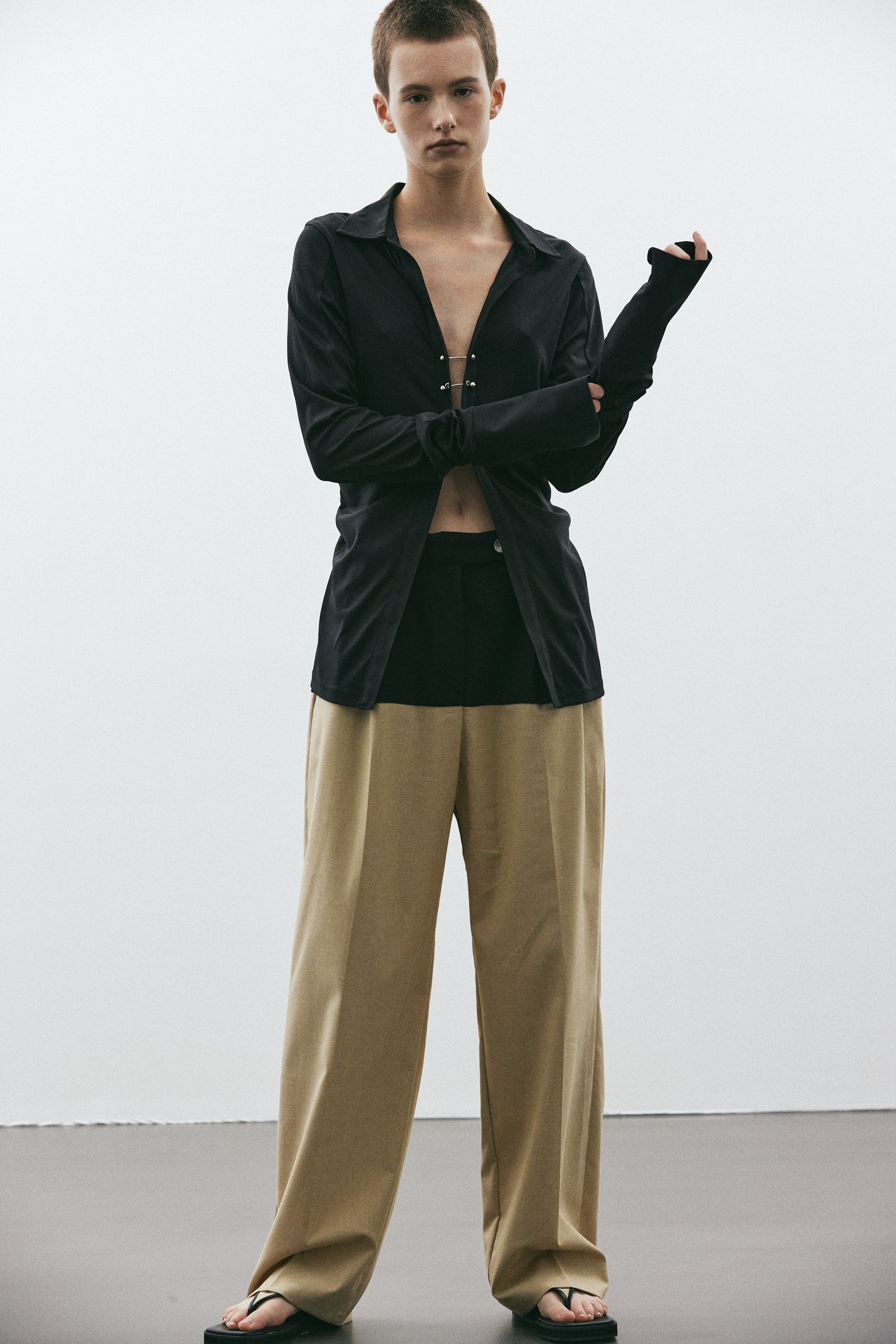 Open Button Link Blouse, Midnight Black