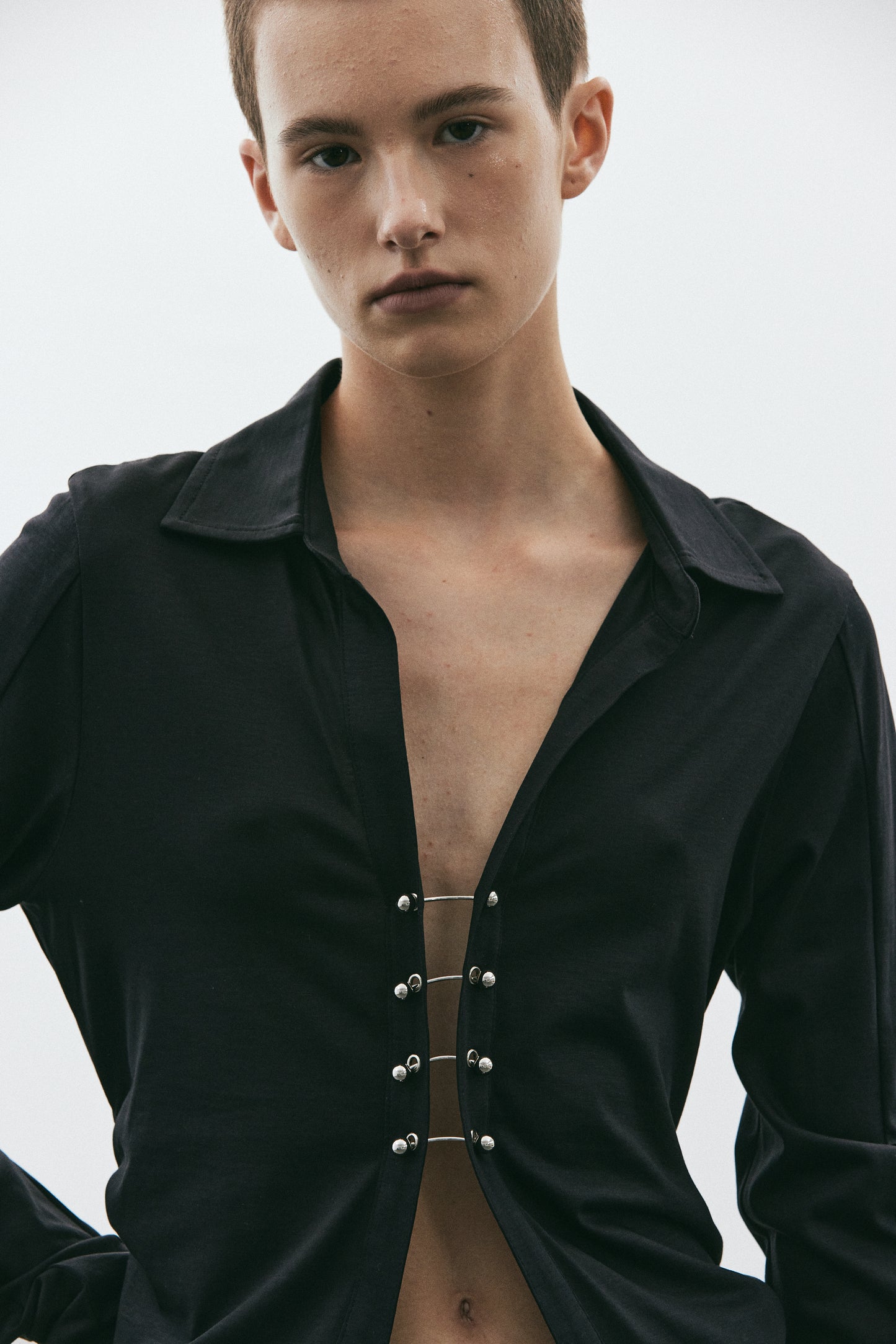 Open Button Link Blouse, Midnight Black