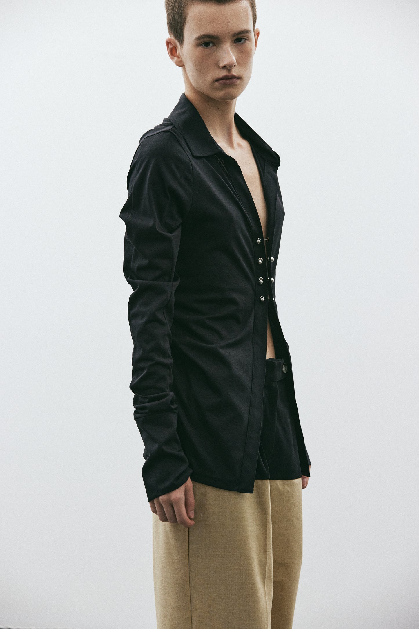 Open Button Link Blouse, Midnight Black