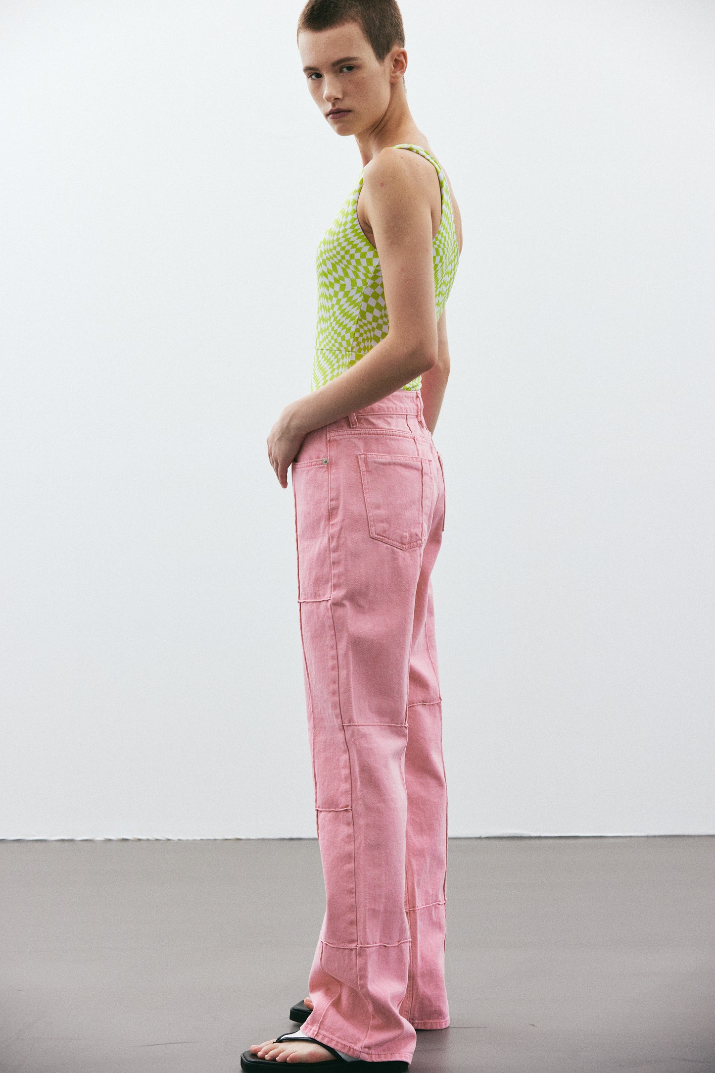 Stitch Paneled Line Jeans, Bubblegum