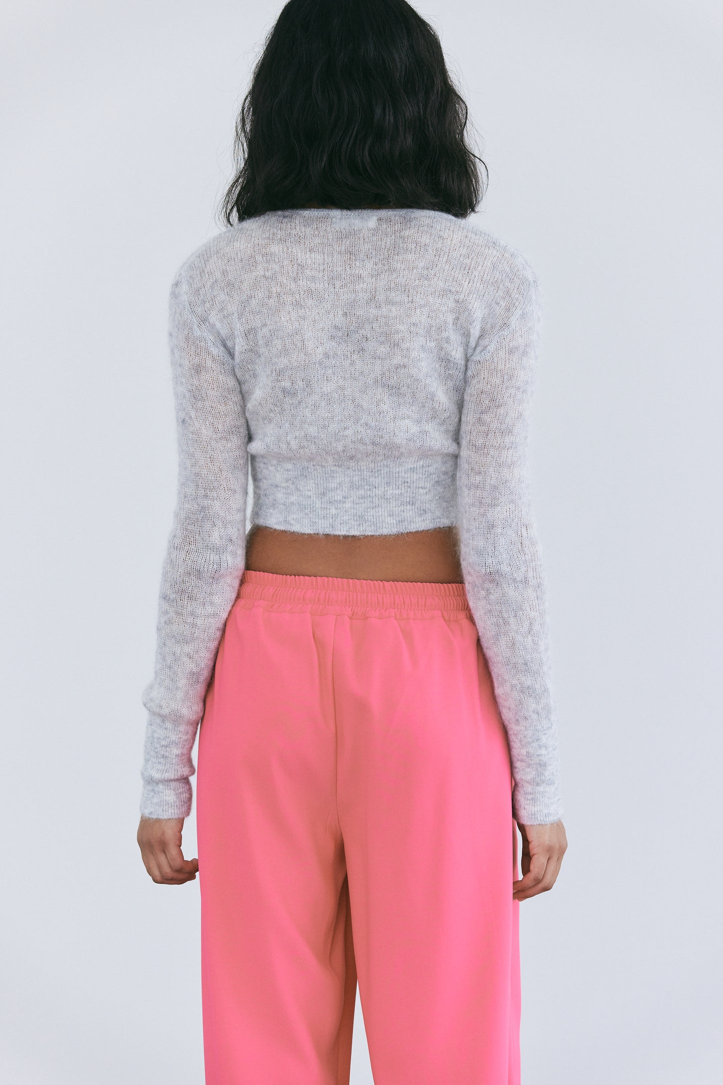 Fuzzy Crop Mohair Cardigan, Light Grey