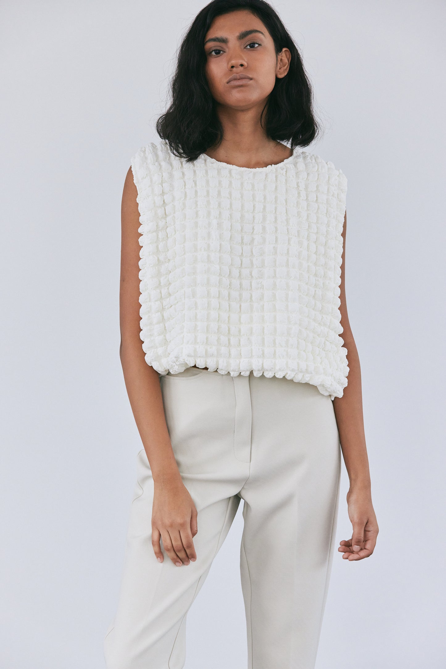 Sleeveless Popcorn Top, Cream