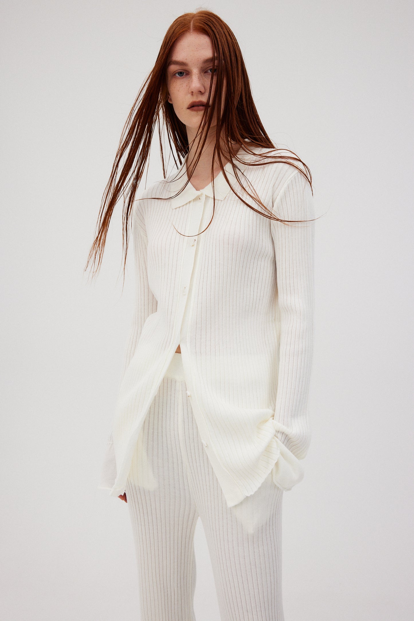 Flowy Rib Knit Cardigan & Pants Set, Chiffon