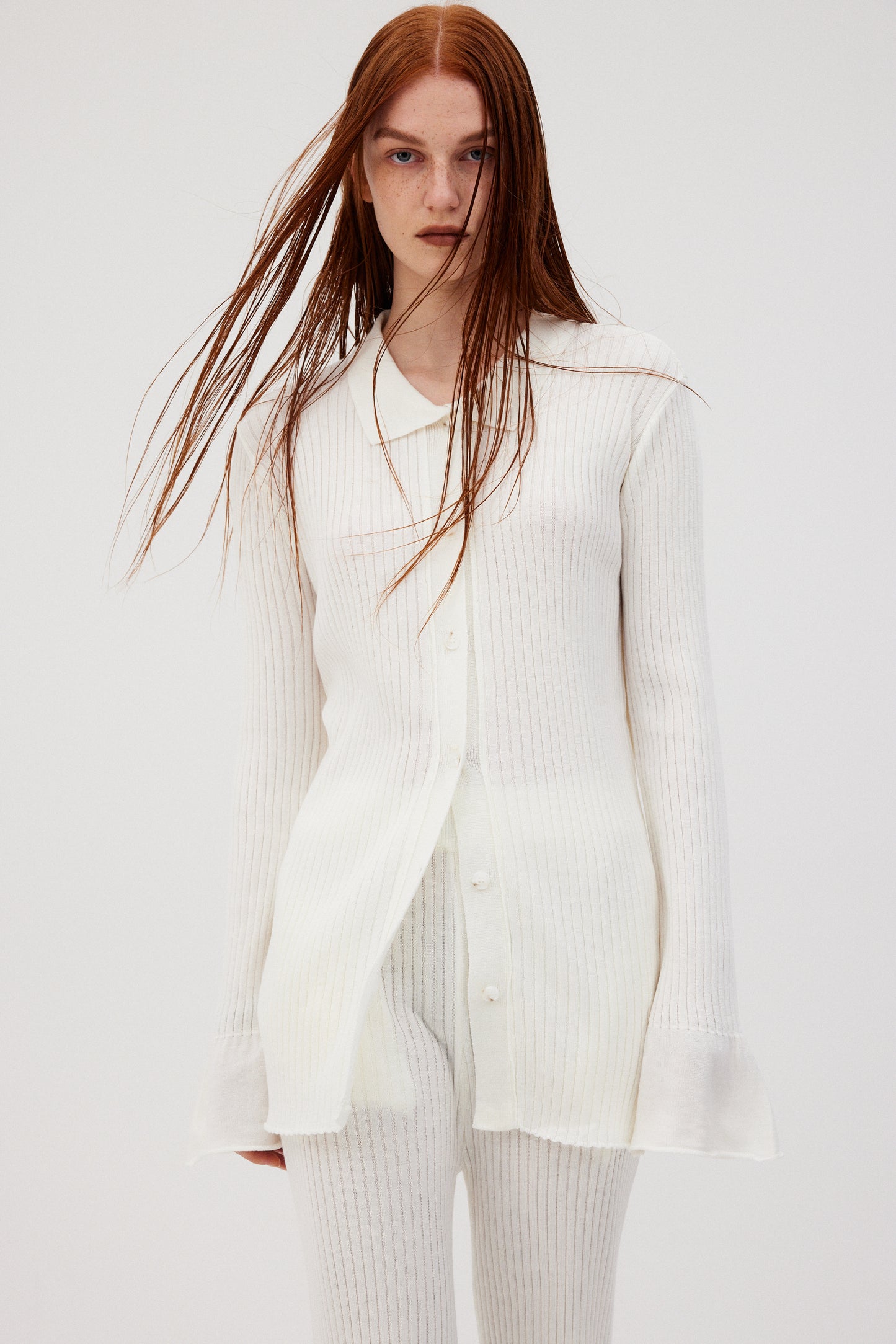 Flowy Rib Knit Cardigan & Pants Set, Chiffon