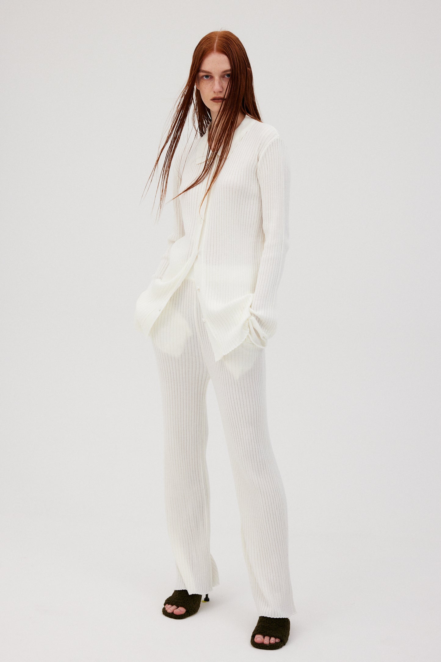 Flowy Rib Knit Cardigan & Pants Set, Chiffon