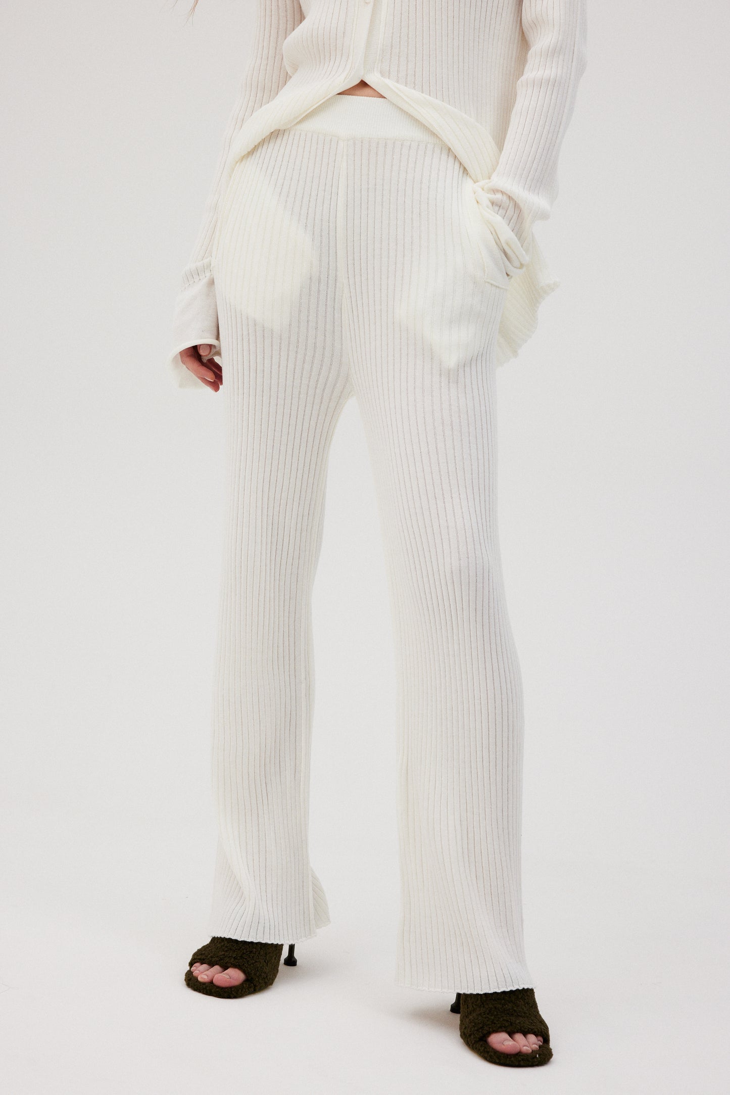 Flowy Rib Knit Cardigan & Pants Set, Chiffon