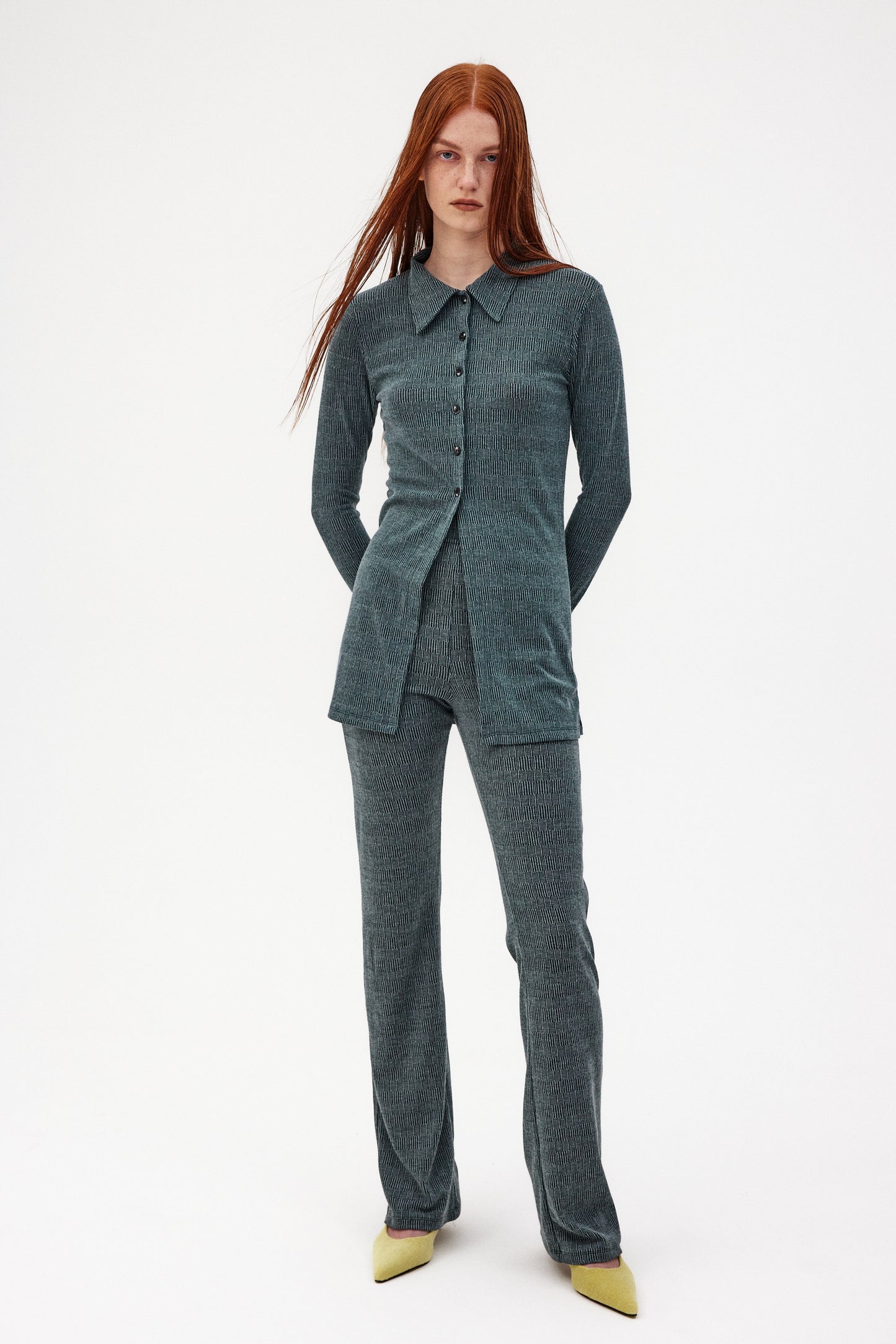 Extra Long Rib Knit Pants, Aegean Melange