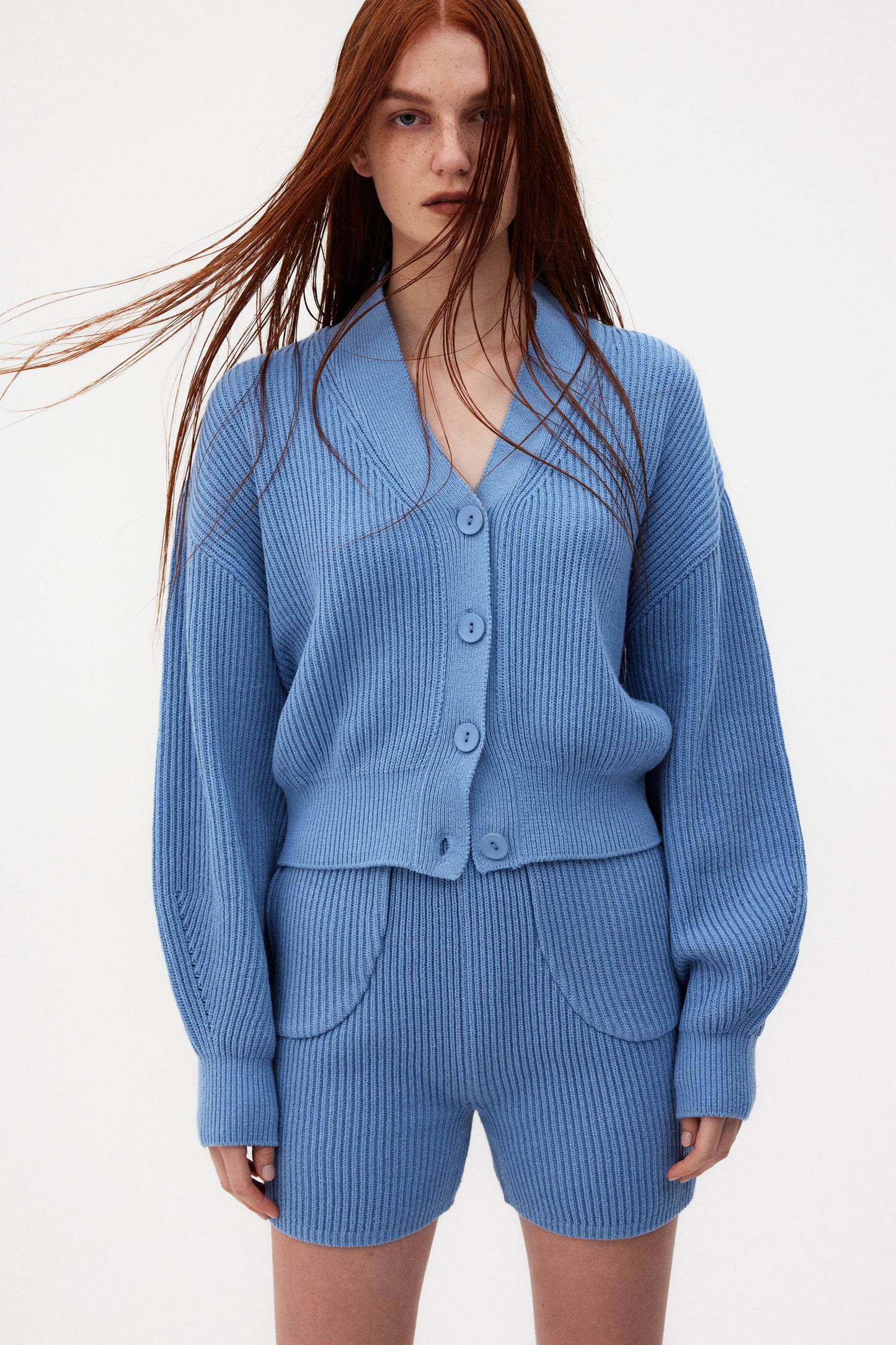 Extra Fine Wool Cardigan & Shorts Set, Aqua