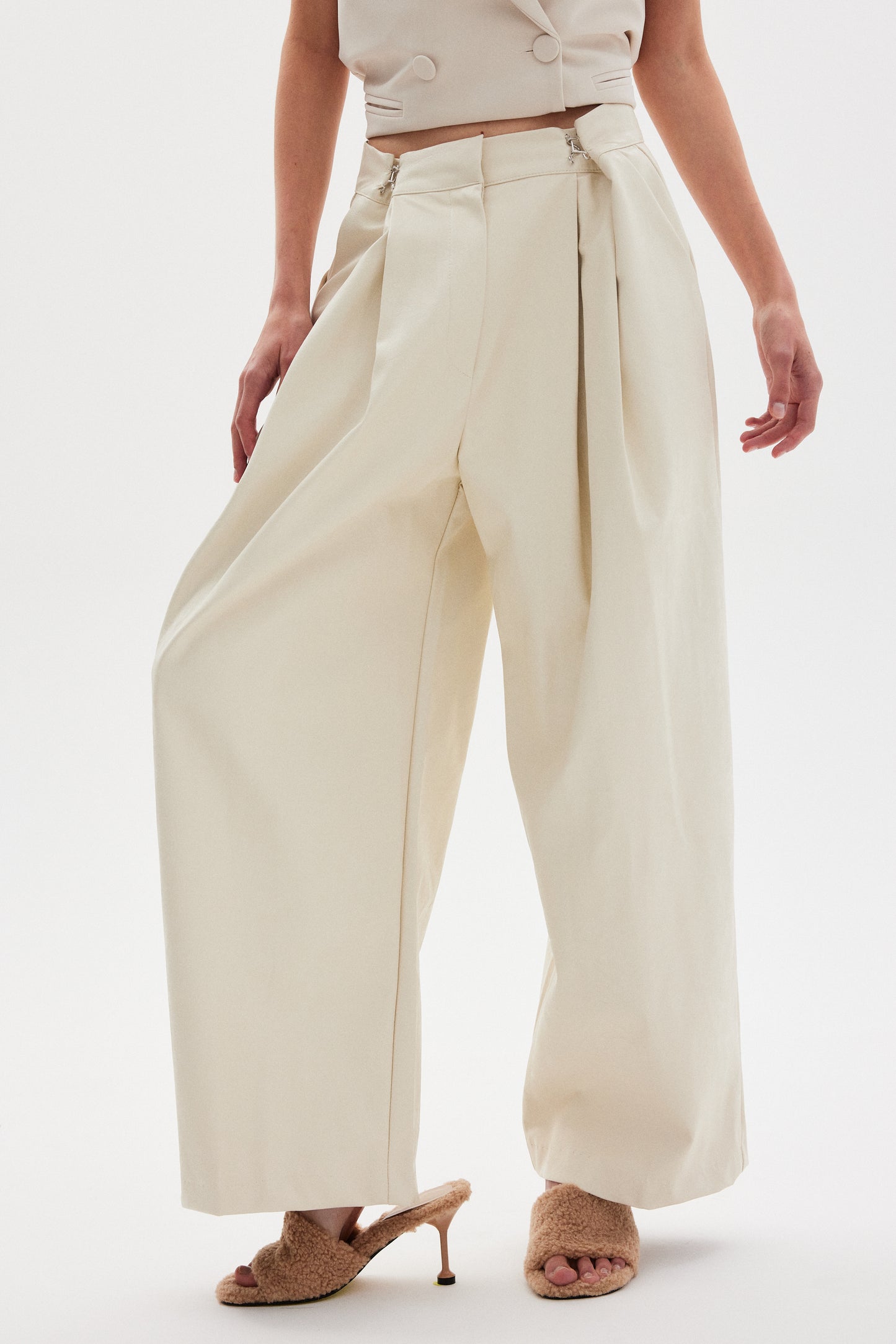 Wide Leg Vegan Leather Pants, Custard