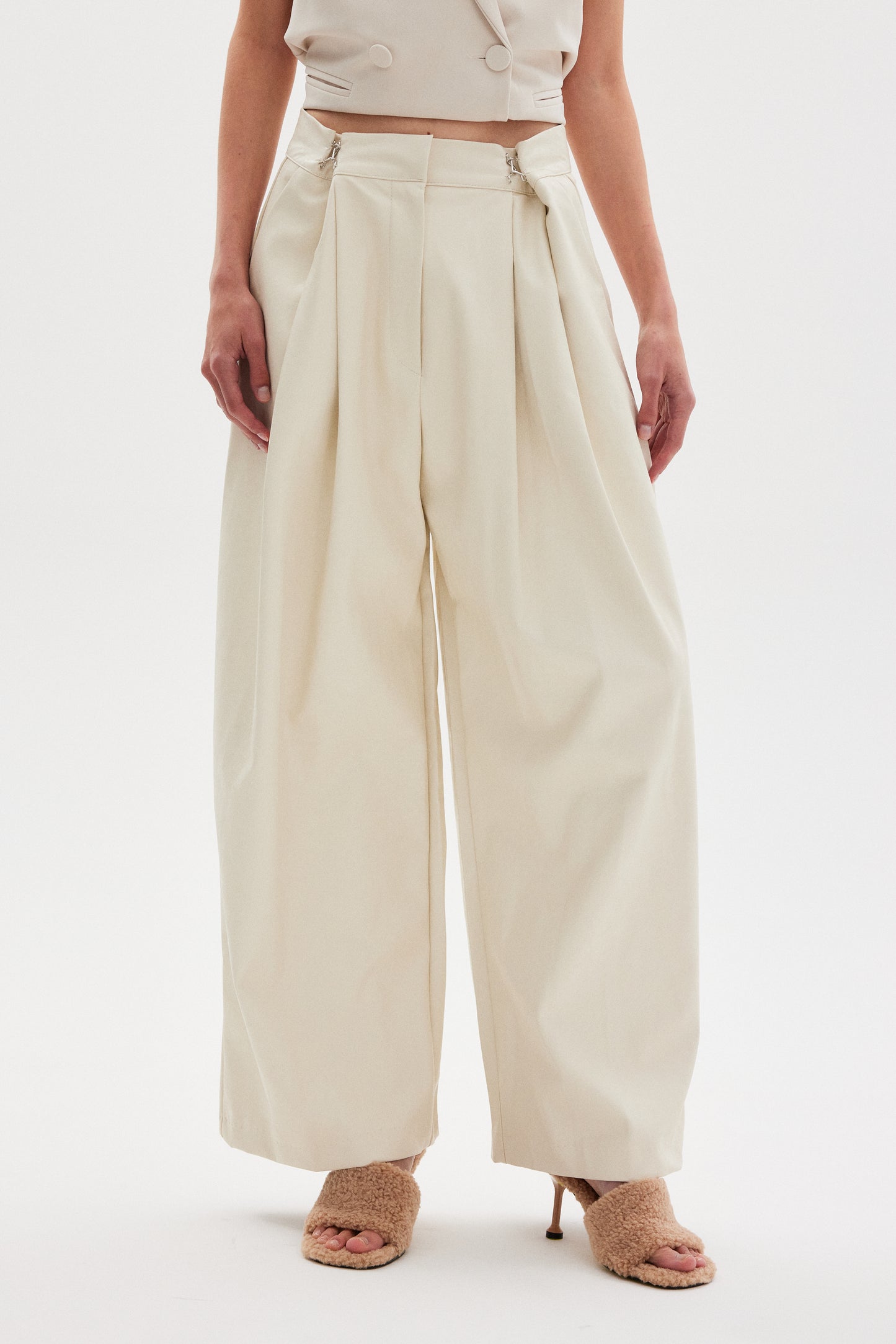Wide Leg Vegan Leather Pants, Custard