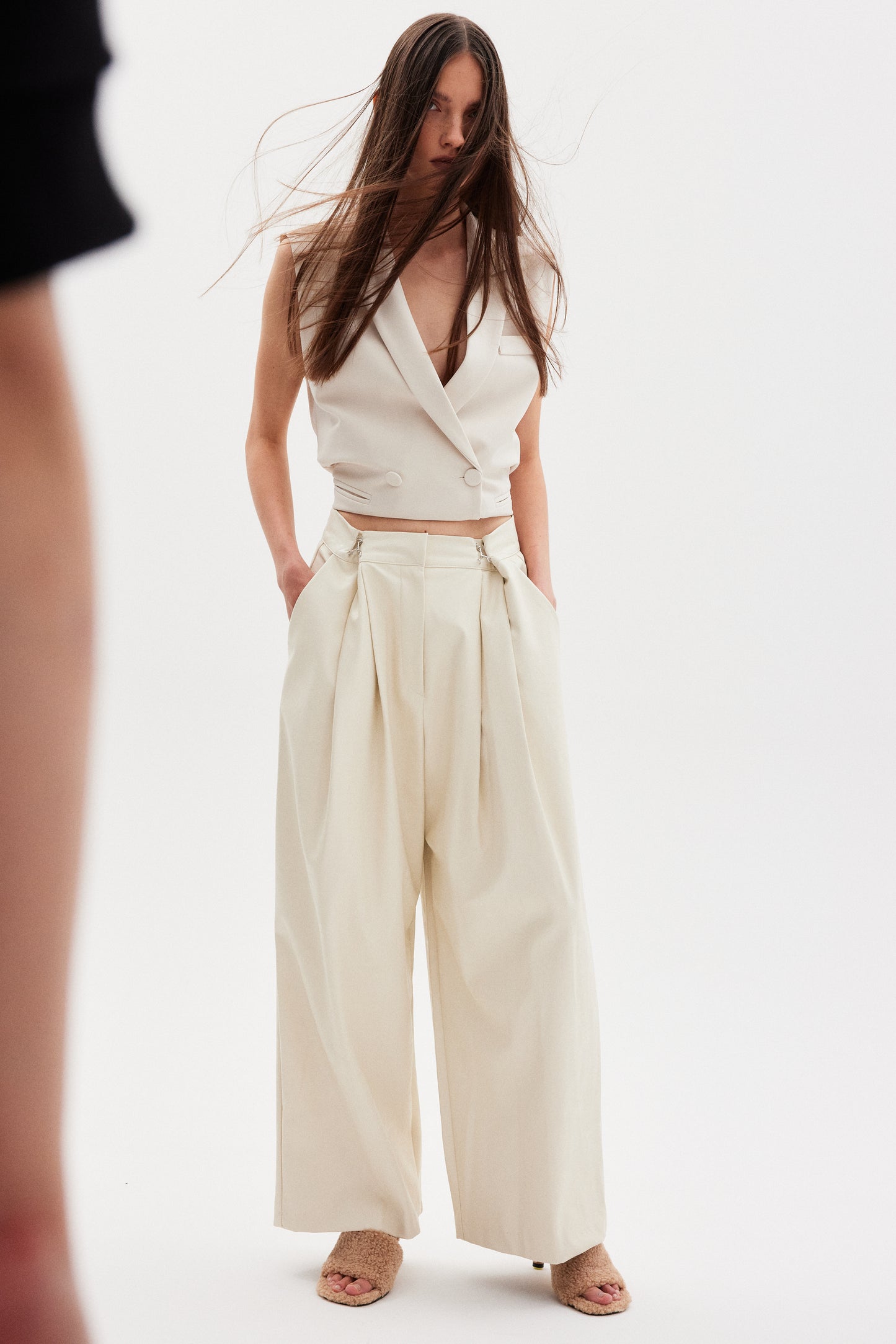 Wide Leg Vegan Leather Pants, Custard